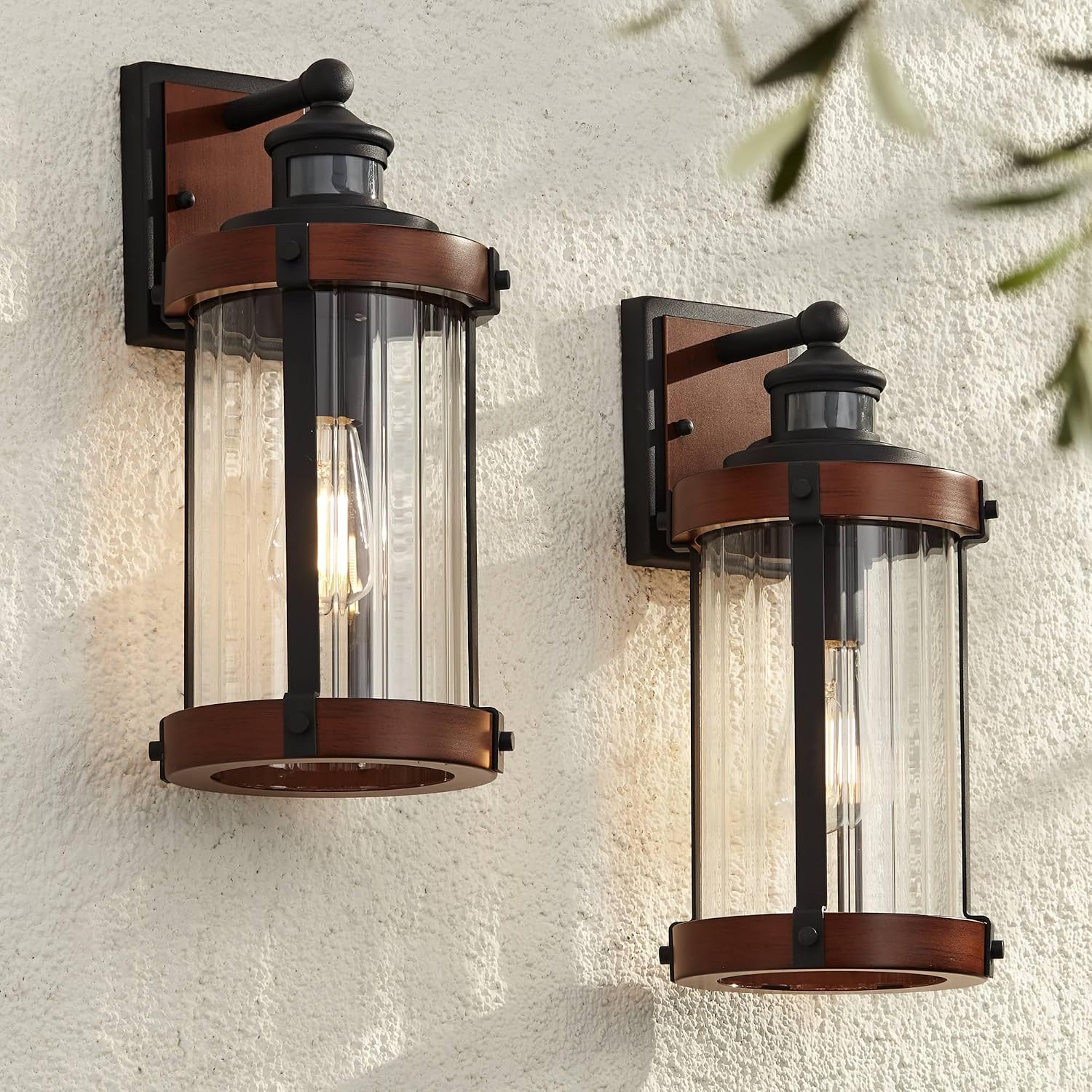 John Timberland Stan Industrial Outdoor Wall Light Fixtures Set of 2 Dark Faux Wood Black Metal Motion Sensor 15 1/2' Clear Glass for Cottage Core Post Exterior Barn Deck House Porch Yard Garage