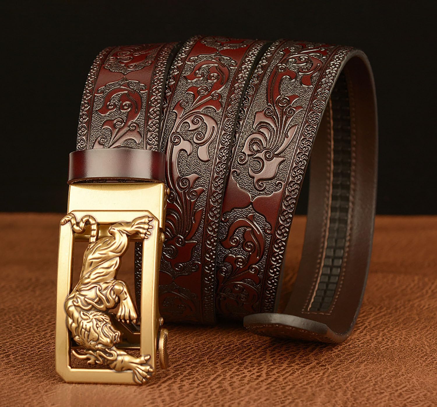 Mens Ratchet Leather Belt, Genuine Leather belts, Engraved Vintage Dragon Eagle Tiger Buckle, Business leisure belt