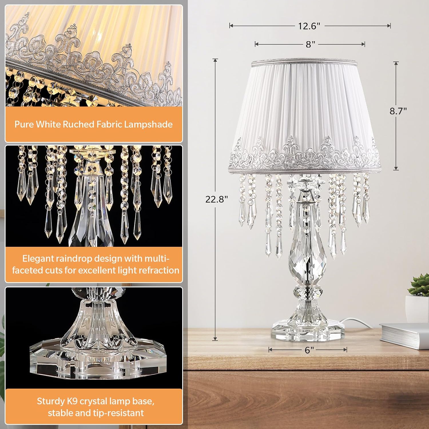Crystal Bedside Table Lamp, Dimmable Table Lamp Set of 2 with Ruched Fabric Lampshade, Elegant Plug-in Chandelier Nightstand Lamp for Living Room Girls Room, W 12.6' X H 22.8'
