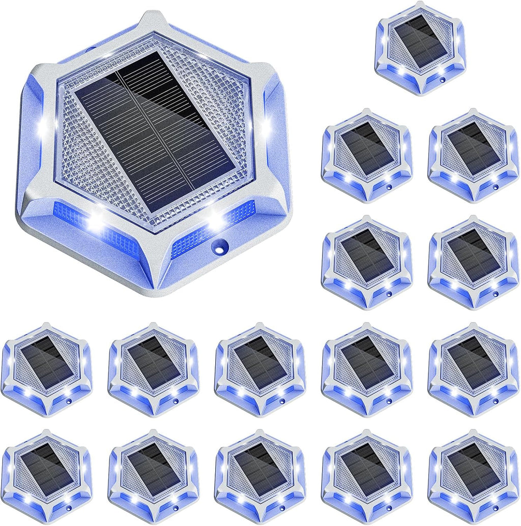 VOLISUN Solar Driveway Lights Dock Outdoor Waterproof Marker Lights,16 Pack Solar Deck Lights 2 Colors in 1 Led Wireless IP67,Solar Blue Deck Lights for Sidewalk Pathway Yard(White/Blue),Auto On/Off