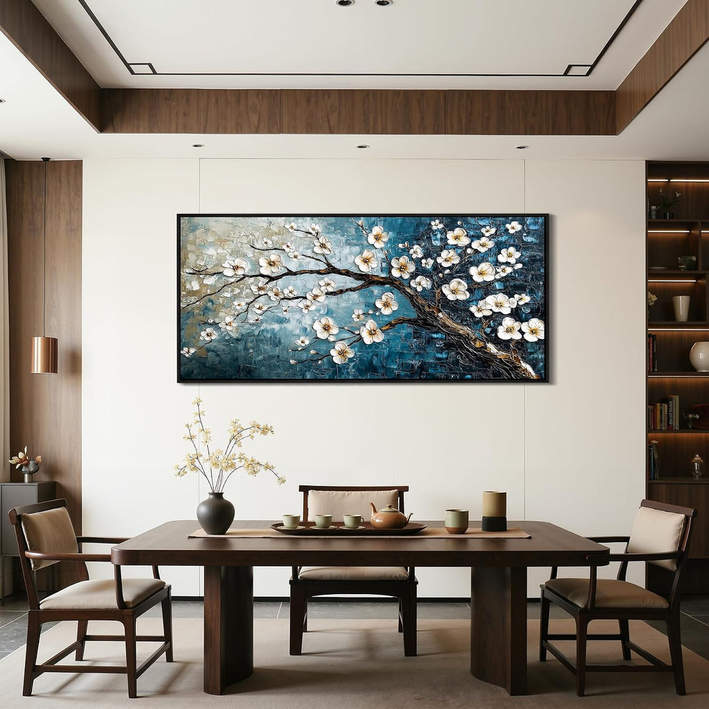 crmotu Large Plum Blossom Wall Art, Japanese Teal Tree Oil Paintings Prints Framed Artwork, Modern Blue Tree Pictures Wall Decor Living Room Bedroom Home Office, 32'x71'