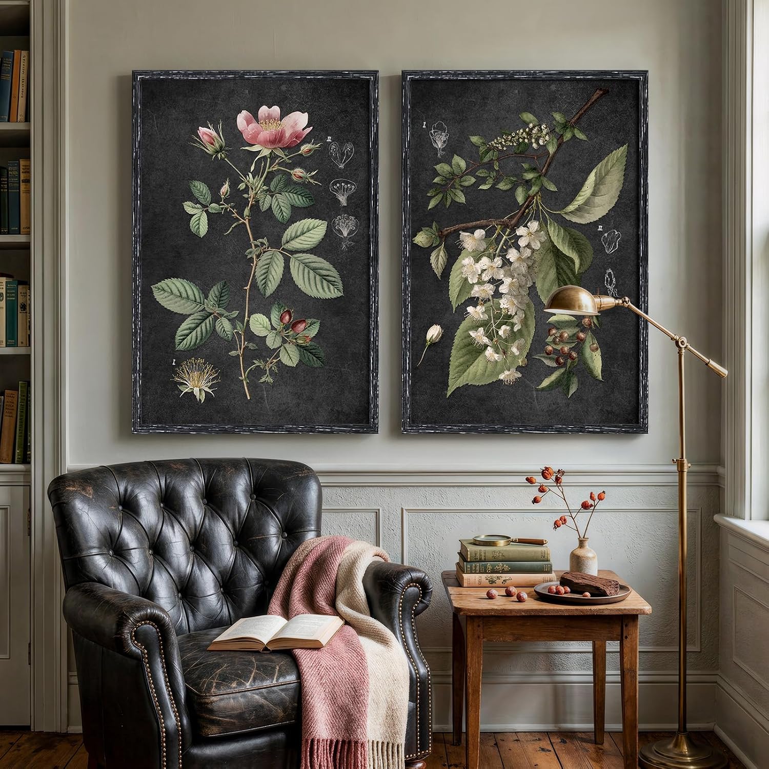 Large Framed Vintage Botanical Wall Art Set of 2, Rustic Retro Dark Floral Canvas Paintings Prints, Antique Flower Pictures for Farmhouse Living Room Hallway Bedroom Dining Room Wall Decor, 24x36 Inch