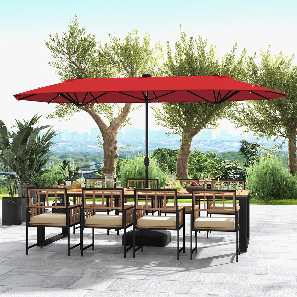 Tangkula 13FT Double-Sided Solar Patio Umbrella, Extra-Large Outdoor Twin Umbrella with 36 LED Lights, Vented Top, Crank Handle, 12 Ribs, Weighted Base Included for Backyard Poolside Deck (Wine)