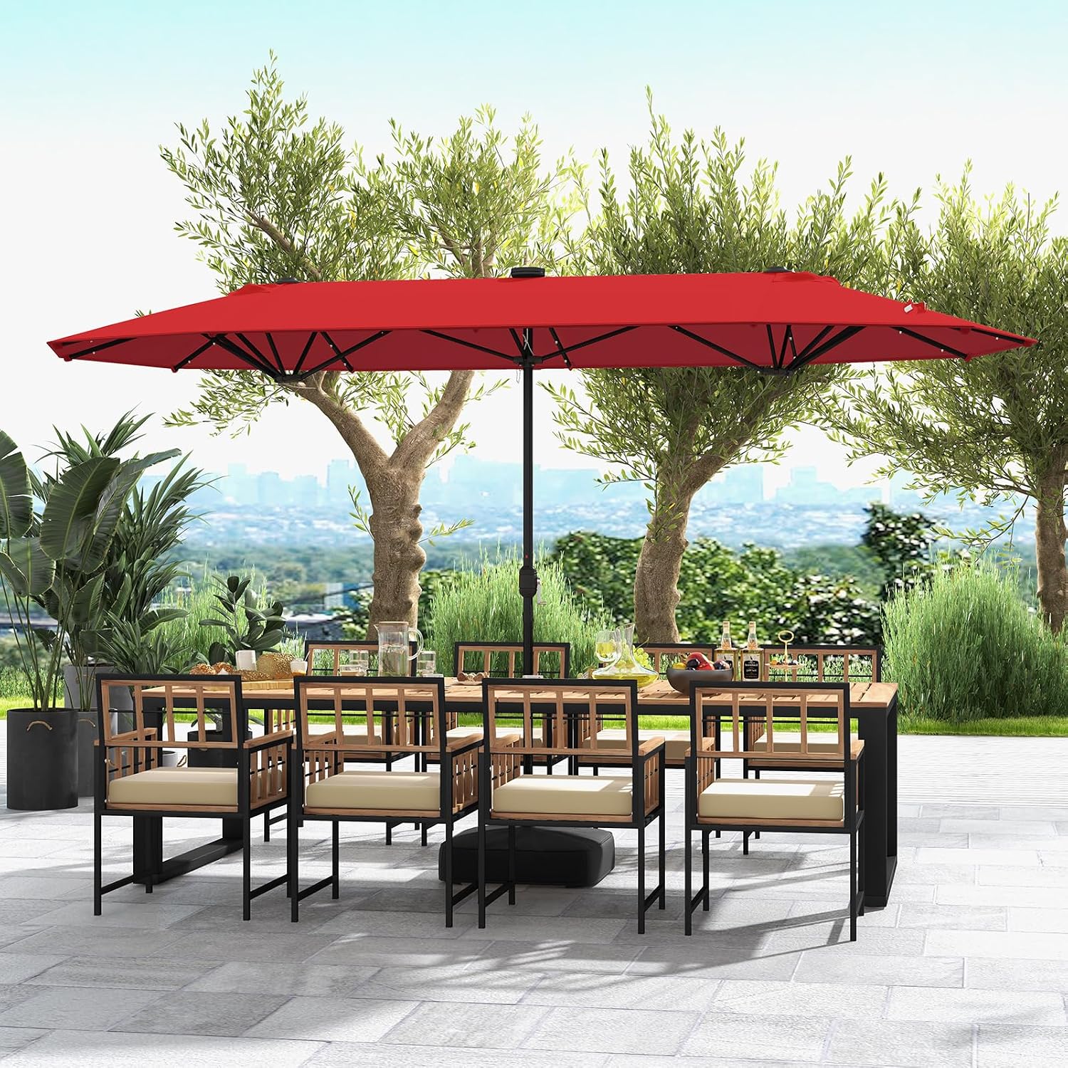 Tangkula 13FT Double-Sided Solar Patio Umbrella, Extra-Large Outdoor Twin Umbrella with 36 LED Lights, Vented Top, Crank Handle, 12 Ribs, Weighted Base Included for Backyard Poolside Deck (Wine)