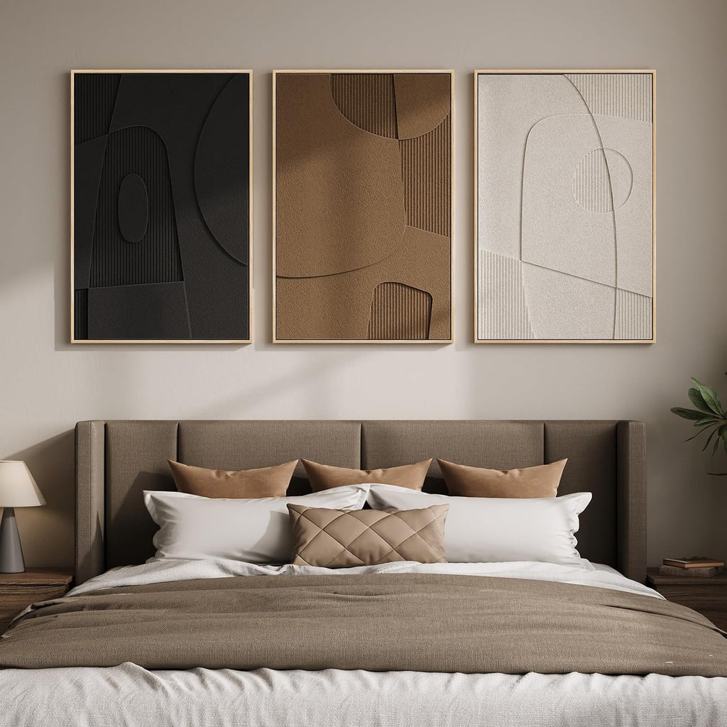 Large 3D Textured Framed Neutral Abstract Wall Art for Living Room, 3 Piece Modern Geometric Paintings Artwork for Walls, Minimalist Black White Brown Pictures for Bedroom Hallway Office Wall Decor, 24x36 In