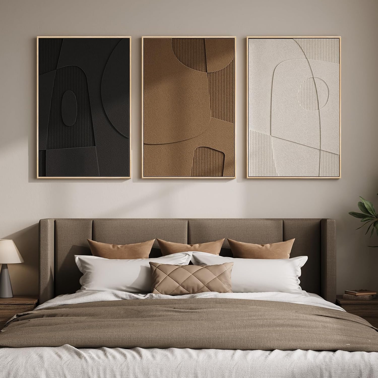 Large 3D Textured Framed Neutral Abstract Wall Art for Living Room, 3 Piece Modern Geometric Paintings Artwork for Walls, Minimalist Black White Brown Pictures for Bedroom Hallway Office Wall Decor, 24x36 In