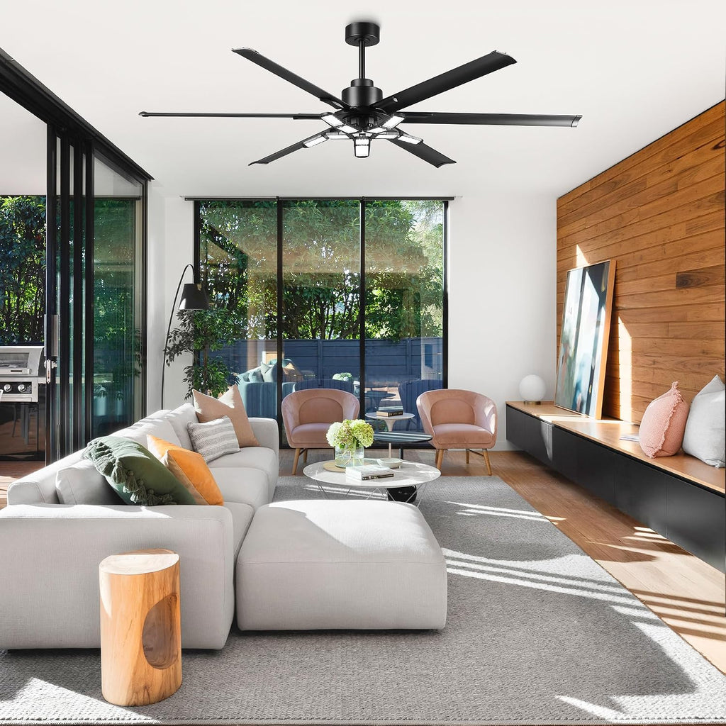 72 Inch Large Ceiling Fan with Lights and Remote, Industrial High CFM Ceiling Fans for Shop Garage Barn, 6609LM Super Bright LED, 6 Aluminum Blades, Reversible Quiet DC Motor, Matte Black