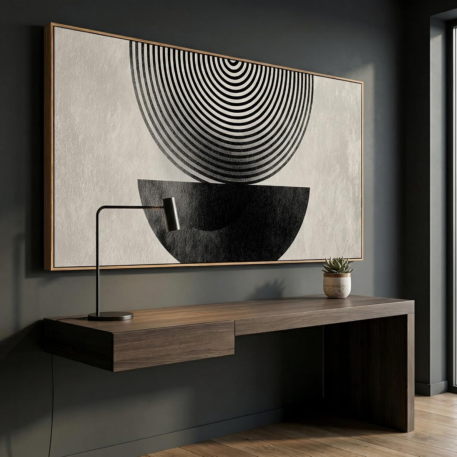 Abstract Geometric Wall Art, Black and White Concentric Circles Design, Modern Minimalist Neutral Framed Canvas Print Artwork Home Decor for Bedroom Living room 30 x 58 inch