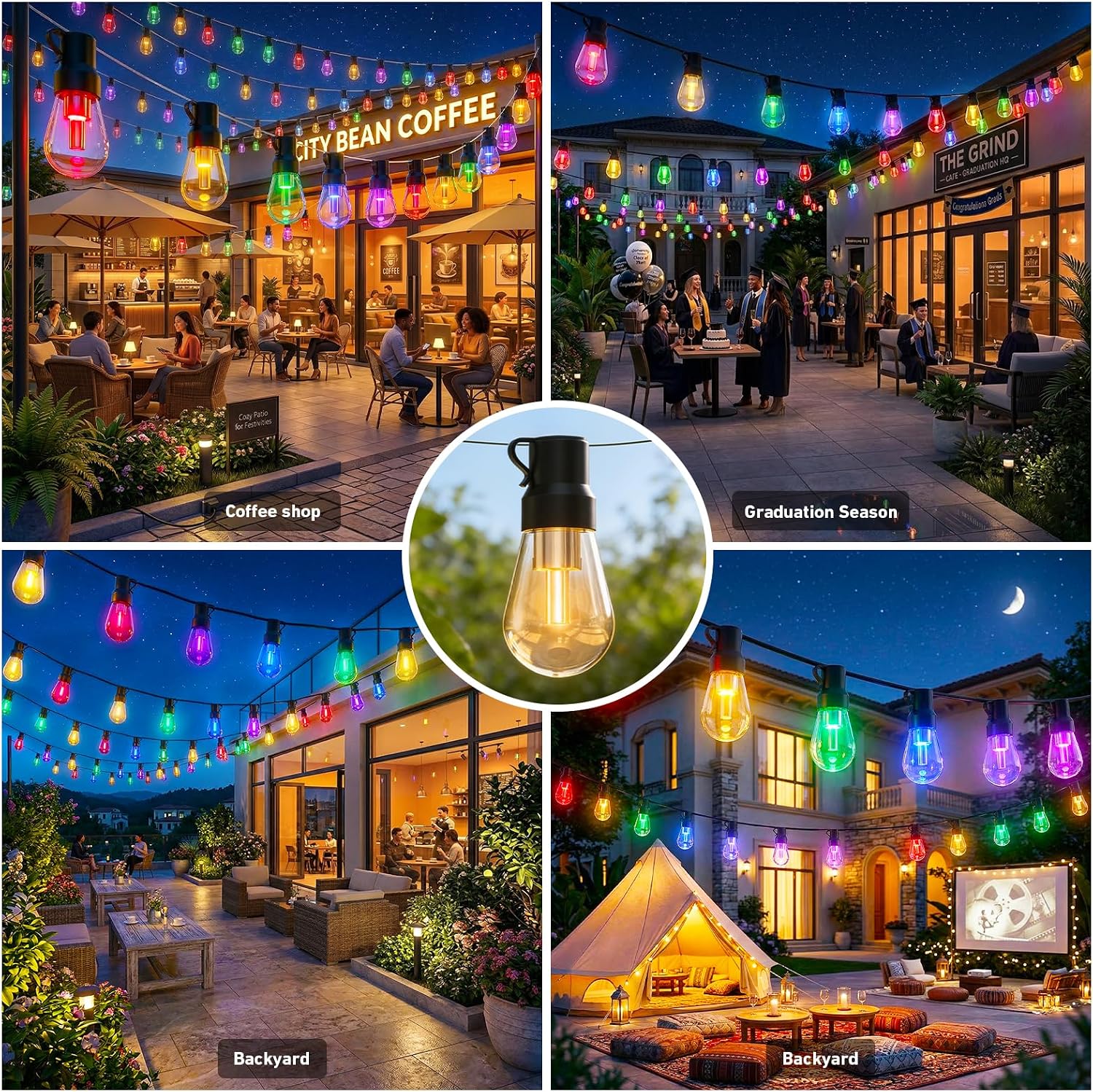LETIANPAI 400FT RGB+IC Outdoor String Lights, IP67 Waterproof LED Color Changing Clear Bulb String Lights with App & Remote Control, Shatterproof Hanging Patio Lights for Backyard Garden Party