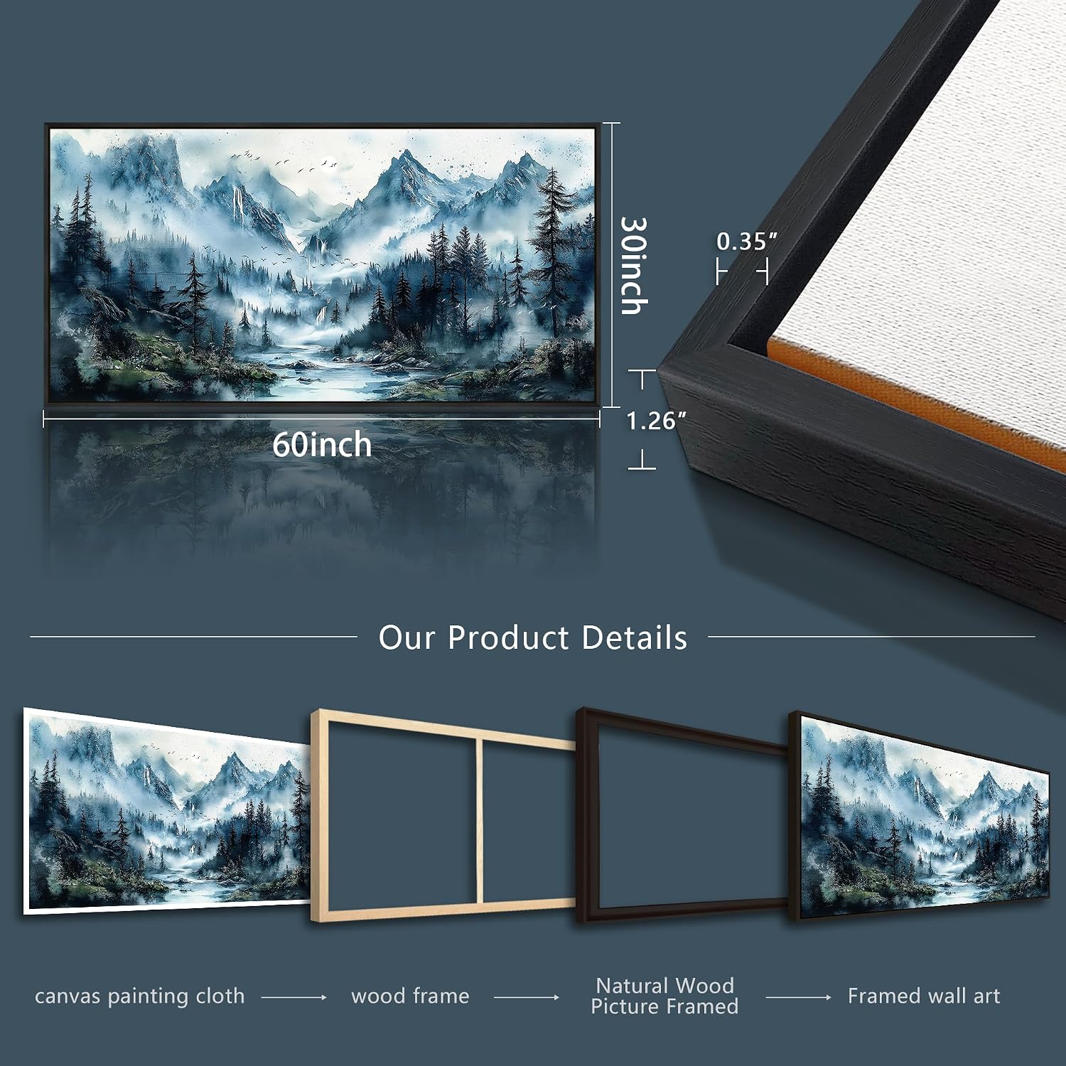 ZUITINGHUA Large Black Framed Canvas Wall Art For Living Room Wall Decor For Office Mountain Wall Painting Fog Forest Landscape Picture Ready To Hang Bedroom Home Mural Prints Posters 30x60 In