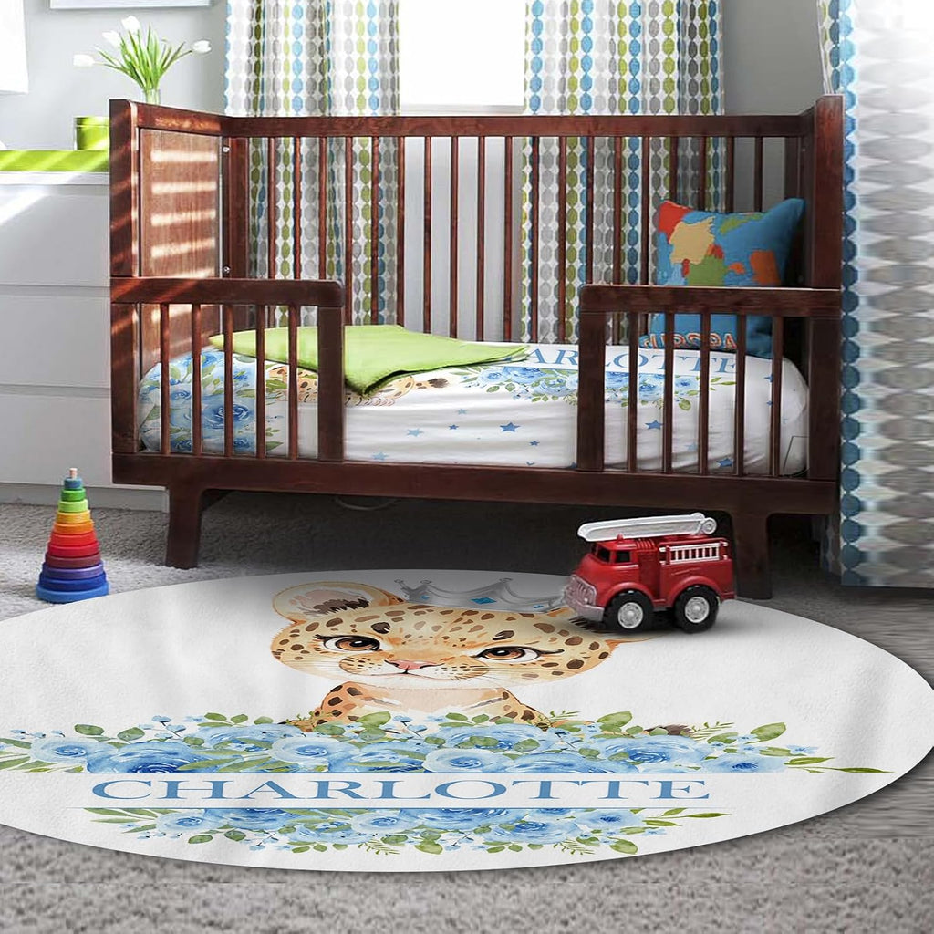Personalized Nursery Crib Bedding Set: Custom Name Blue Floral 5 Piece Baby Crib Sets with Leopard Theme - Toddler Double Layer Blanket Set, Comfortable Crib Bed Sheets for Baby Grils