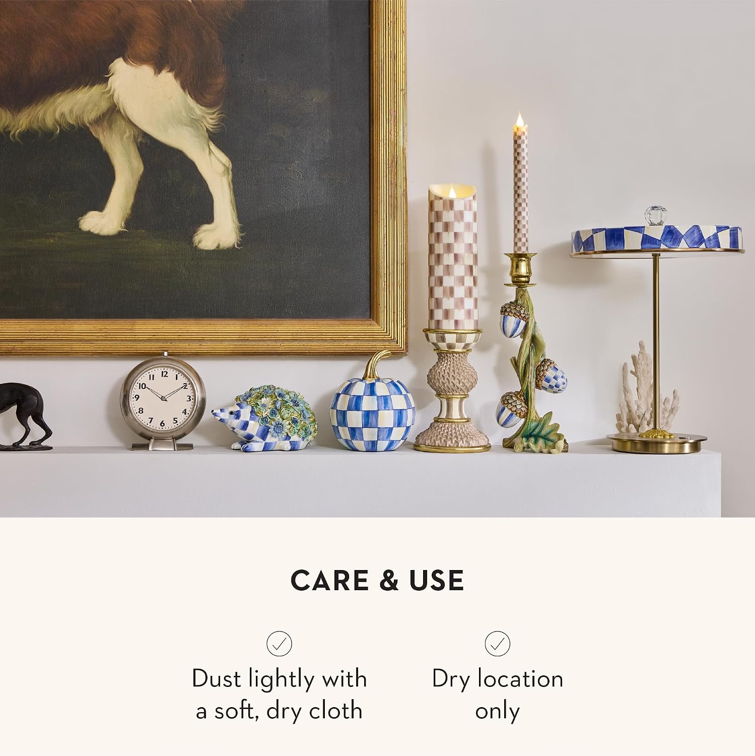 MACKENZIE-CHILDS LED Rechargeable Disk Table Lamp, Cordless Touch Lamp, Blue-and-White Royal Check