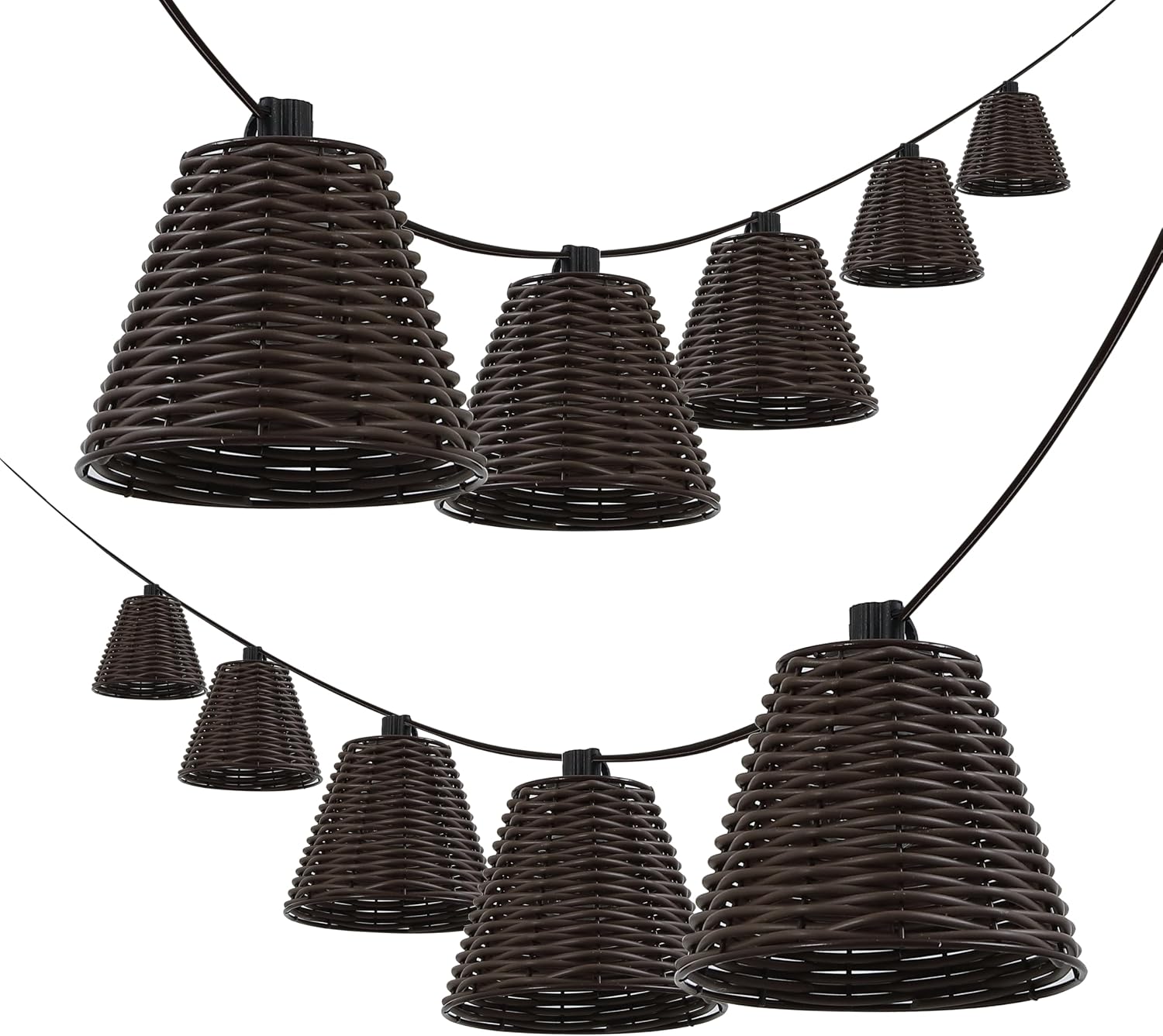 JONATHAN Y 10' Dark Brown 10-Light Indoor/Outdoor LED String Lights for Patio, Classic Cottage Faux-Rattan Shaded Hanging Lights for Balcony, Deck, Coastal Decor (JYL8706C)