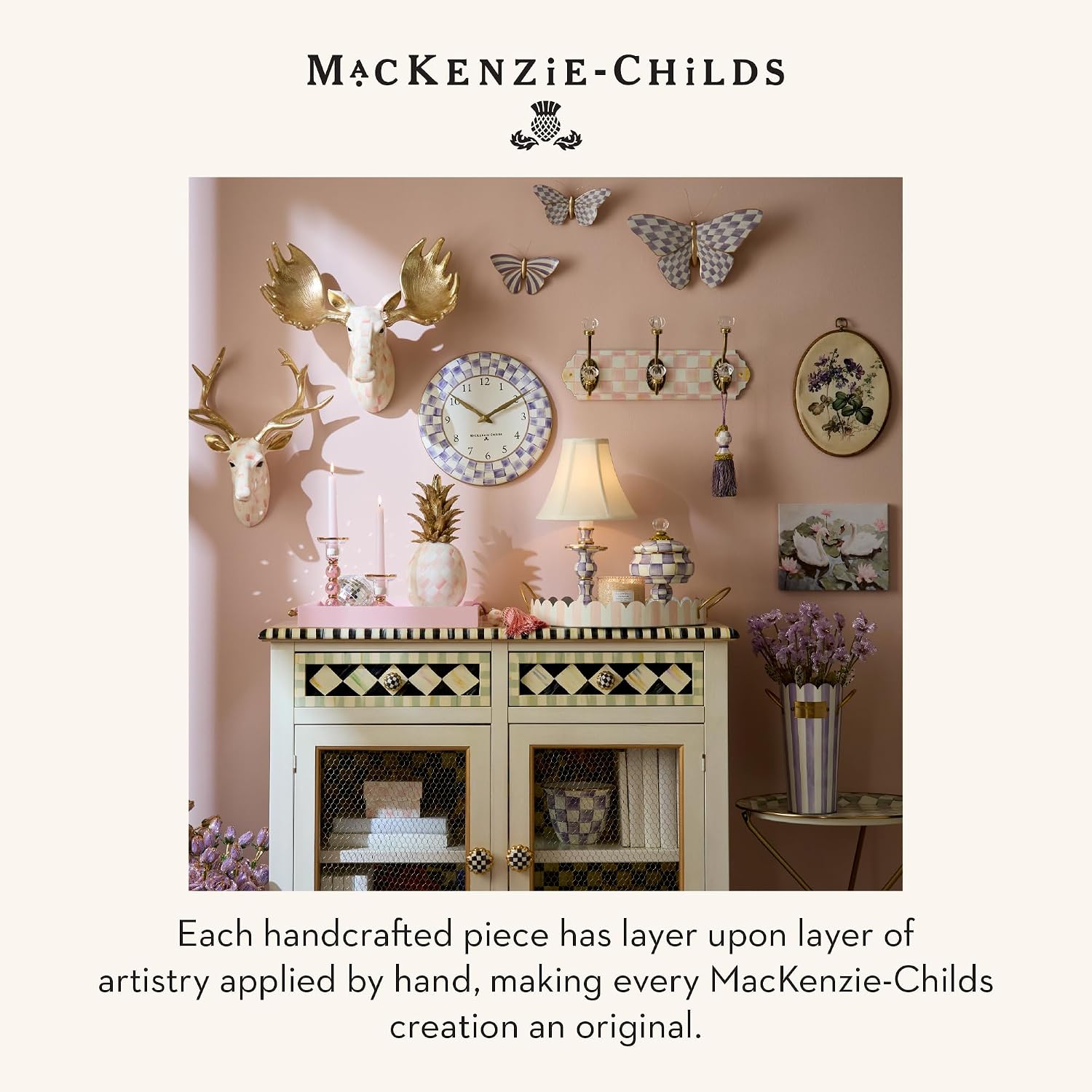 MACKENZIE-CHILDS LED Rechargeable Disk Table Lamp, Cordless Decorative Lamp, Purple-and-White Violet Check