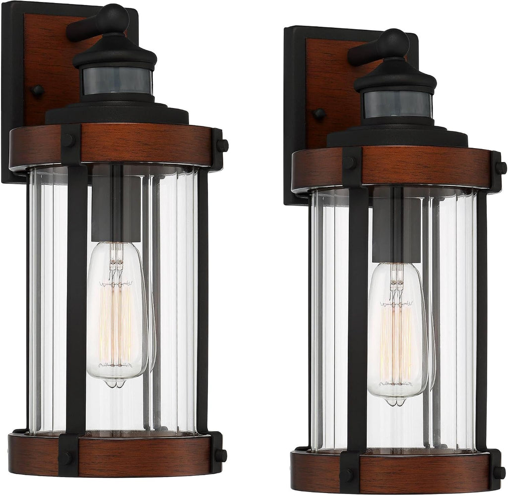 John Timberland Stan Industrial Outdoor Wall Light Fixtures Set of 2 Dark Faux Wood Black Metal Motion Sensor 15 1/2' Clear Glass for Cottage Core Post Exterior Barn Deck House Porch Yard Garage