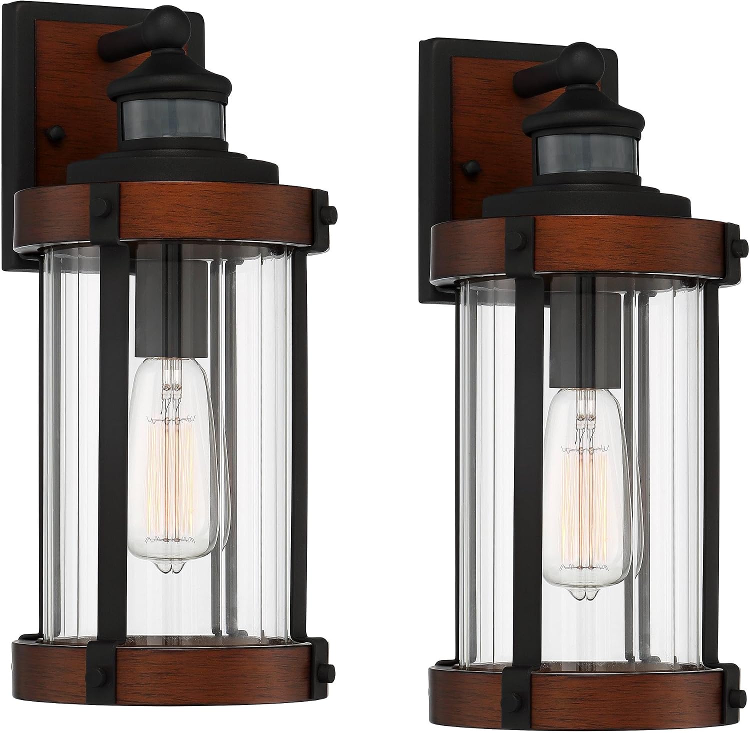John Timberland Stan Industrial Outdoor Wall Light Fixtures Set of 2 Dark Faux Wood Black Metal Motion Sensor 15 1/2' Clear Glass for Cottage Core Post Exterior Barn Deck House Porch Yard Garage