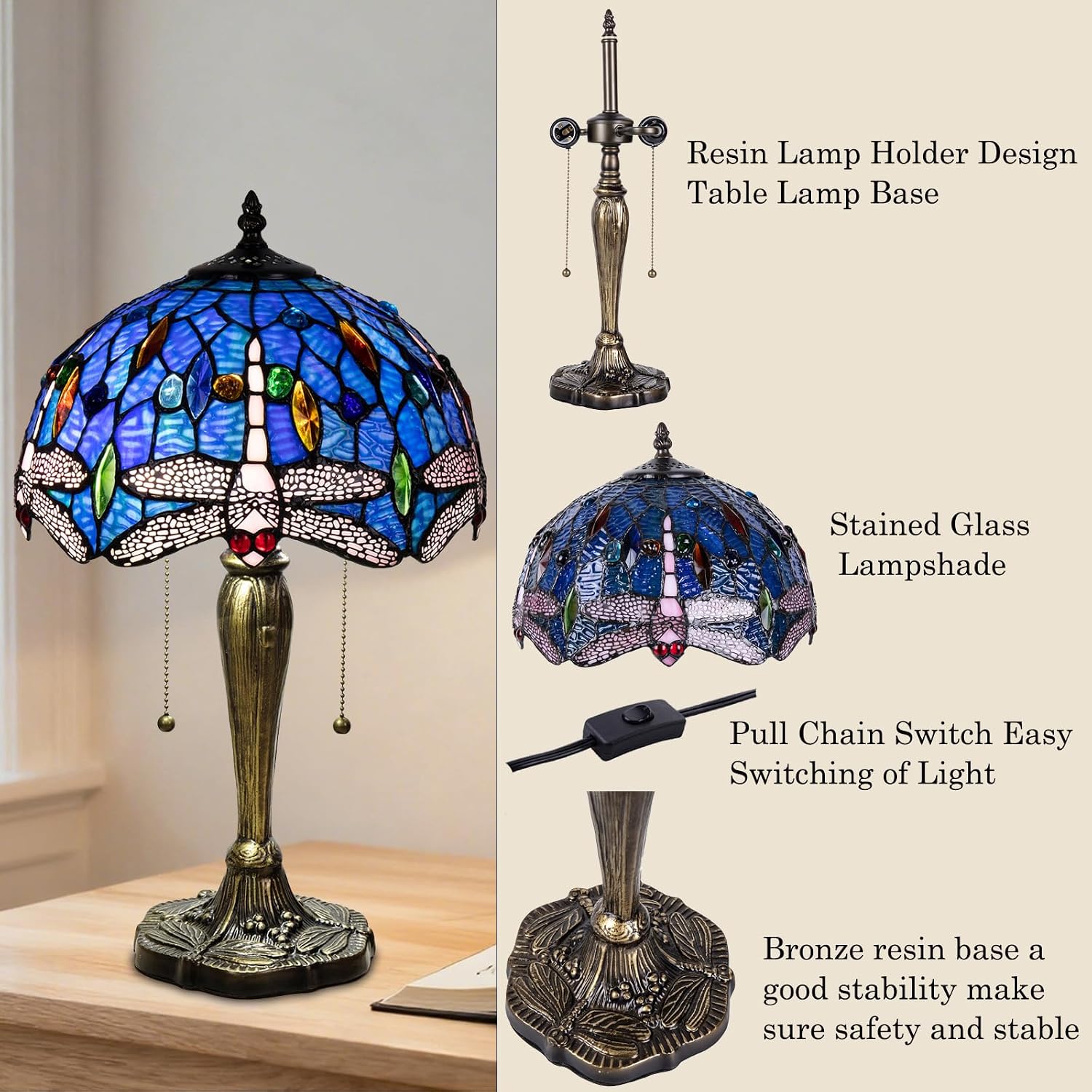 Small Tiffany Table Lamp, Blue Dragonfly Stained Glass Lamp,12 Inch Tiffany Style Lamp for Bedroom Living Room Home, Handcrafted Light, Included Bulb