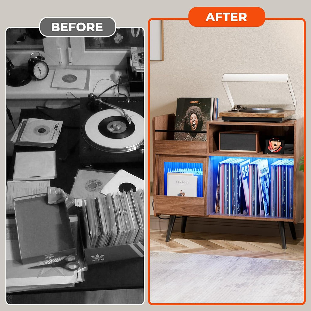 Loomie Upgraded Large Record Player Stand,Turntable Stand Shelf with with Power Outlet and LED Light,Vinyl Record Storage Cabinet Up to 350 Albums, Wood Record Player Holder Table for Living Room