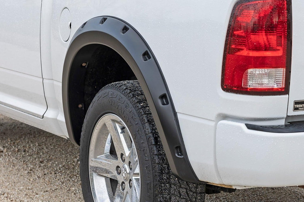 Rough Country Pocket Fender Flares for Ram 1500 2WD/4WD (2009-2018) - Bolt-on Rivet Style, UV-Resistant ABS, Paintable Matte Black