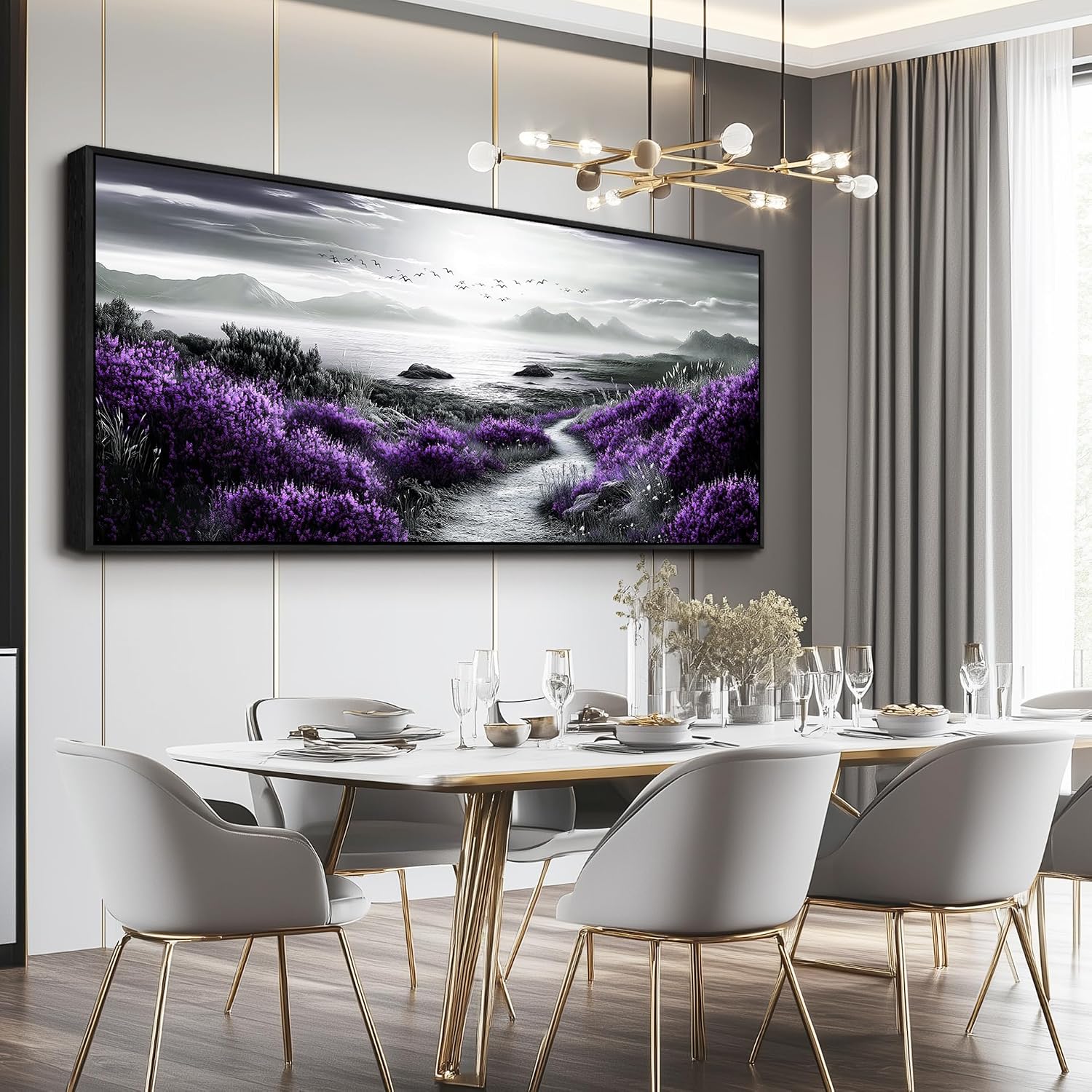FUHAIHUA Canvas Wall Art For Living Room Wall Decor For Bedroom Office Wall Decoration Purple Flowers Landscape Painting Black And White Pictures Artwork Room Aesthetic Home Decor 32x72 In