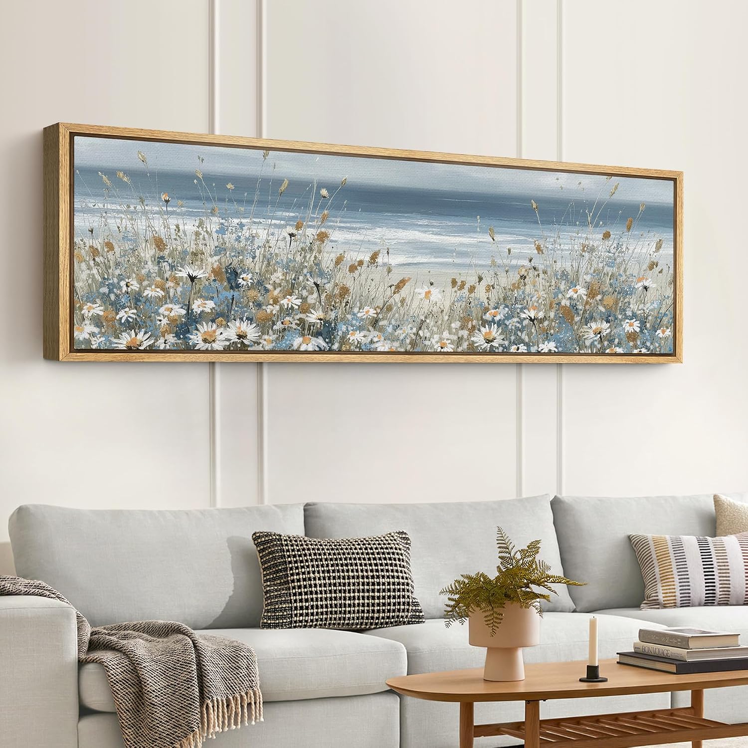 SIGNFORD Large Framed Canvas Print Wall Art Coastal Wildflowers Beach Meadow Landscape in Soft Blue and Beige Tones Illustrations Modern Art Relax/Calm Warm for Living Room, Bedroom, Office - 60'x20'