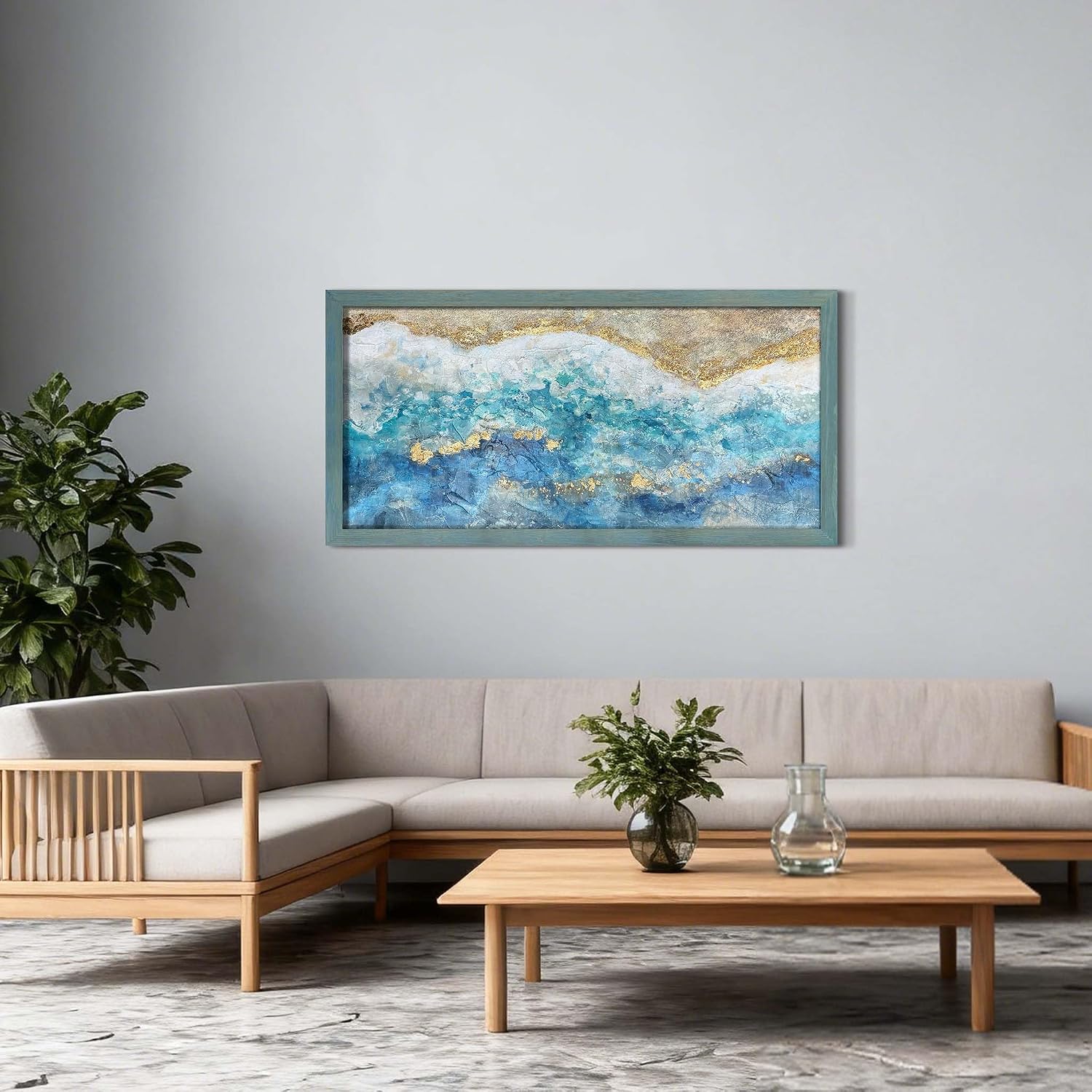 UTOP-art Turquoise Blue Wall Decor Artwork - Abstract Ocean Painting for Living Room Office Gift 60'x30'