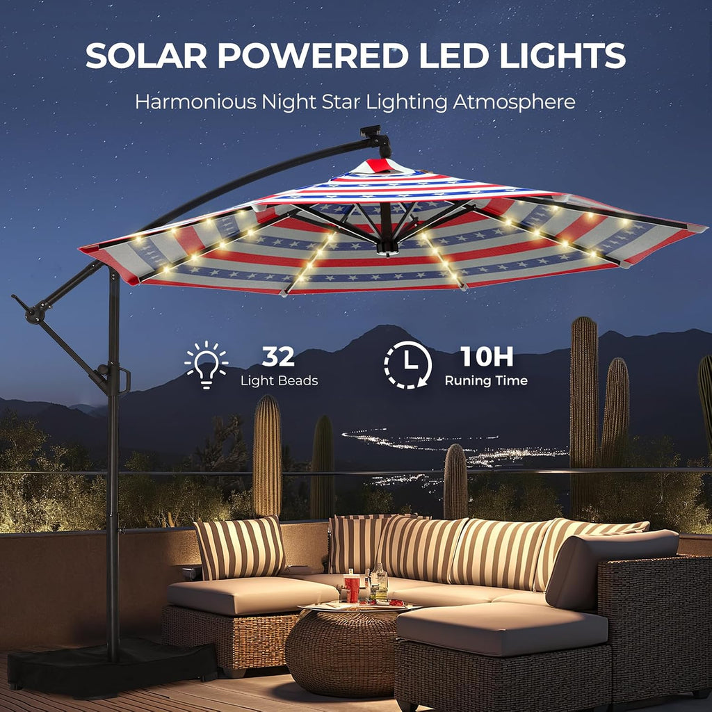 10ft Solar LED Cantilever Patio Umbrella, Stars and Stripes Patriotic Design Offset Outdoor Umbrella, Large Red White Blue Sun Shading with Base, Flag-Themed Decor for 4th of July, Memorial Day