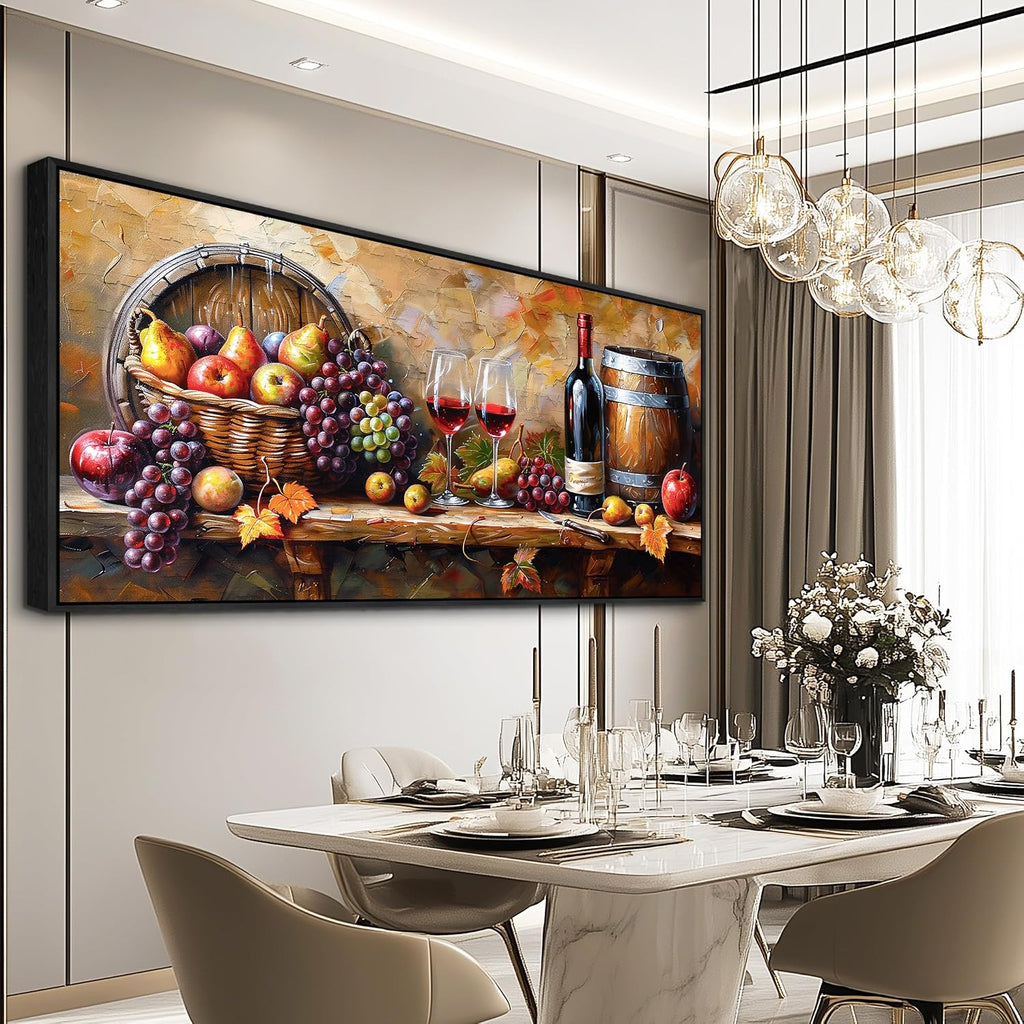 XIGUANGART Large Framed Wall Art for Kitchen, Vintage Food Wine Painting Prints, Rustic Wall Decor Fruit Harvest Pictures for Living Room Dining Room Pub Home Bar Farmhouse Decorations 32x72 In