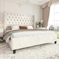 Jocisland King Size Bed Frame Velvet Upholstered Platform Bed with 51.6' Tall Wingback Headboard Deep Button Tufted, No Box Spring Needed, Cream