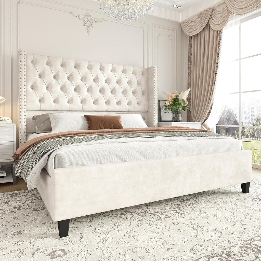 Jocisland Queen Size Bed Frame Velvet Upholstered Platform Bed with 51.6' Tall Wingback Headboard Deep Button Tufted, No Box Spring Needed, Cream