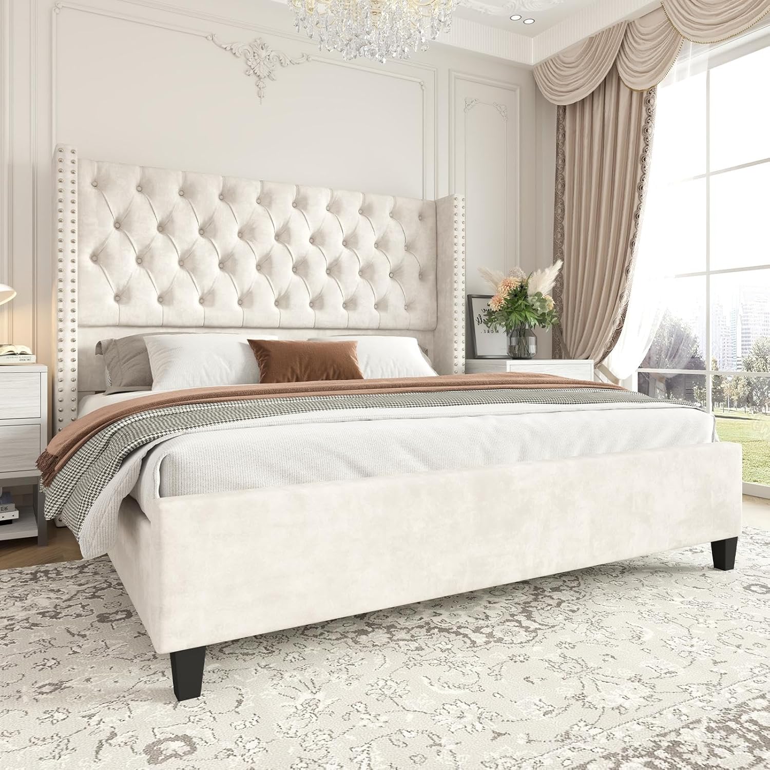 Jocisland Queen Size Bed Frame Velvet Upholstered Platform Bed with 51.6' Tall Wingback Headboard Deep Button Tufted, No Box Spring Needed, Cream