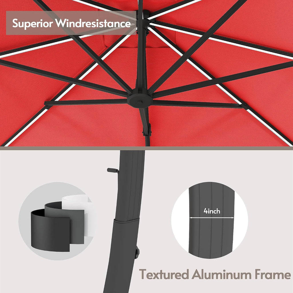ENSTVER 11x11ft Large Cantilever Umbrella With Base Included & Solar Powered Led Lights, Deluxe Curvy All-Aluminum Rectangular Patio Umbrella For Deck, Pool And Backyard (Red)