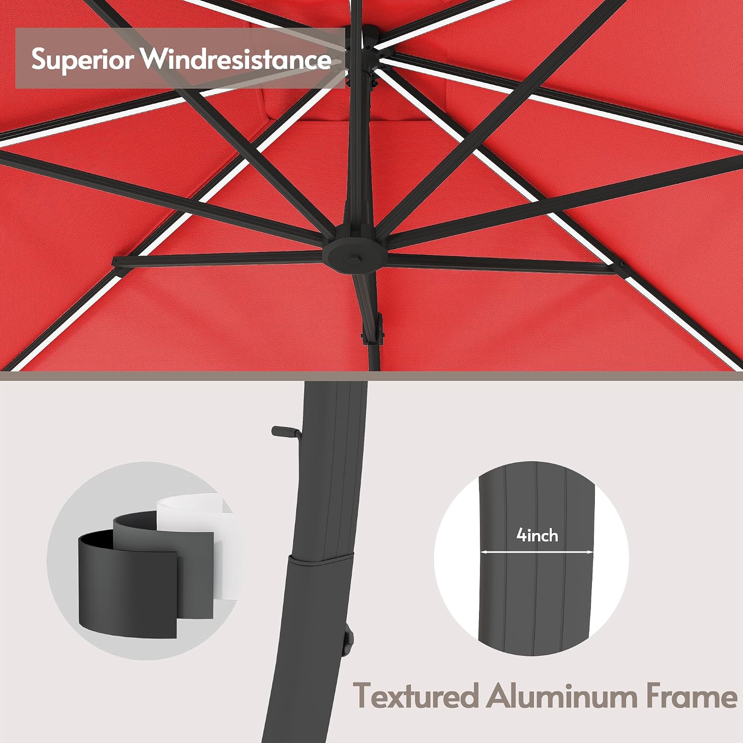 ENSTVER 11x11ft Large Cantilever Umbrella With Base Included & Solar Powered Led Lights, Deluxe Curvy All-Aluminum Rectangular Patio Umbrella For Deck, Pool And Backyard (Red)