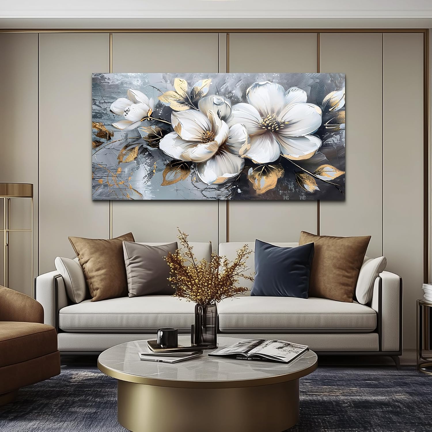 KELIYUAN Large Canvas Wall Decor Living Room For Wall Art For Bedroom Office Decorations Abstract White Flowers Wall Paintings Pictures Artwork Modern Framed Posters Home Decor Aesthetic 30'x60'