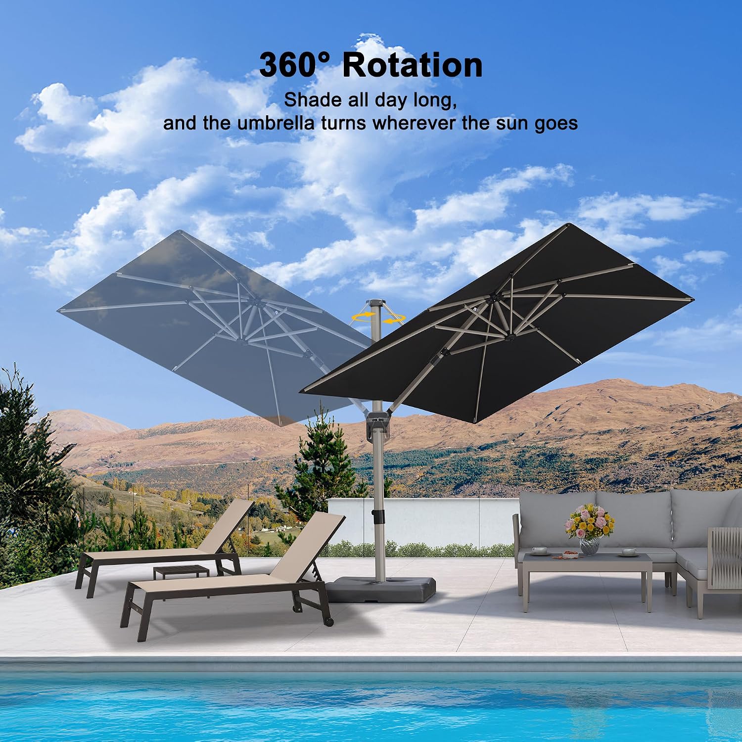 PURPLE LEAF Patio Umbrella with Base Included, 8ft Outdoor Aluminum Cantilever Umbrella with 360° Rotation, Champagne Offset Umbrella for Outdoor Garden Pool, Black