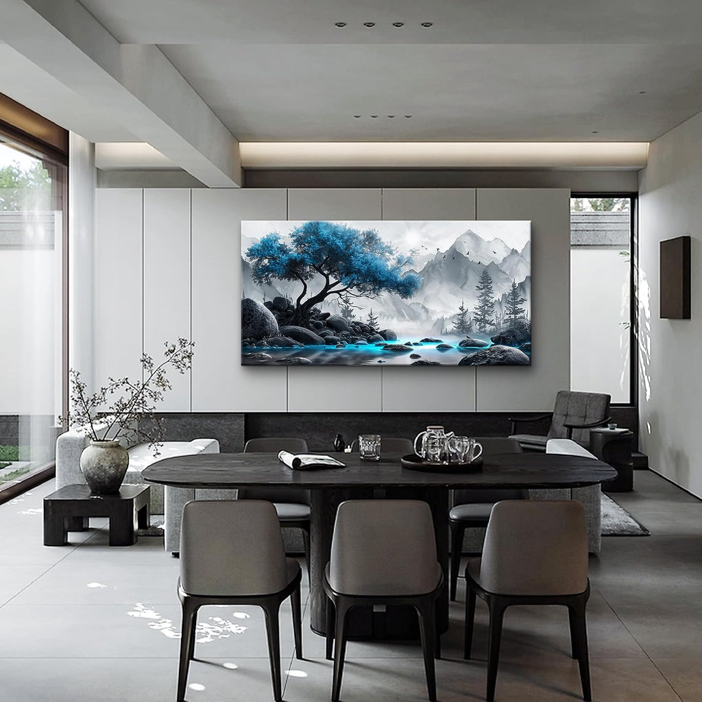 Lapremoly Large Canvas Wall Art For Living Room, Office, Bedroom - Black And White Painting - Blue Tree Landscape - Hotel Artwork - Family Home Decor
