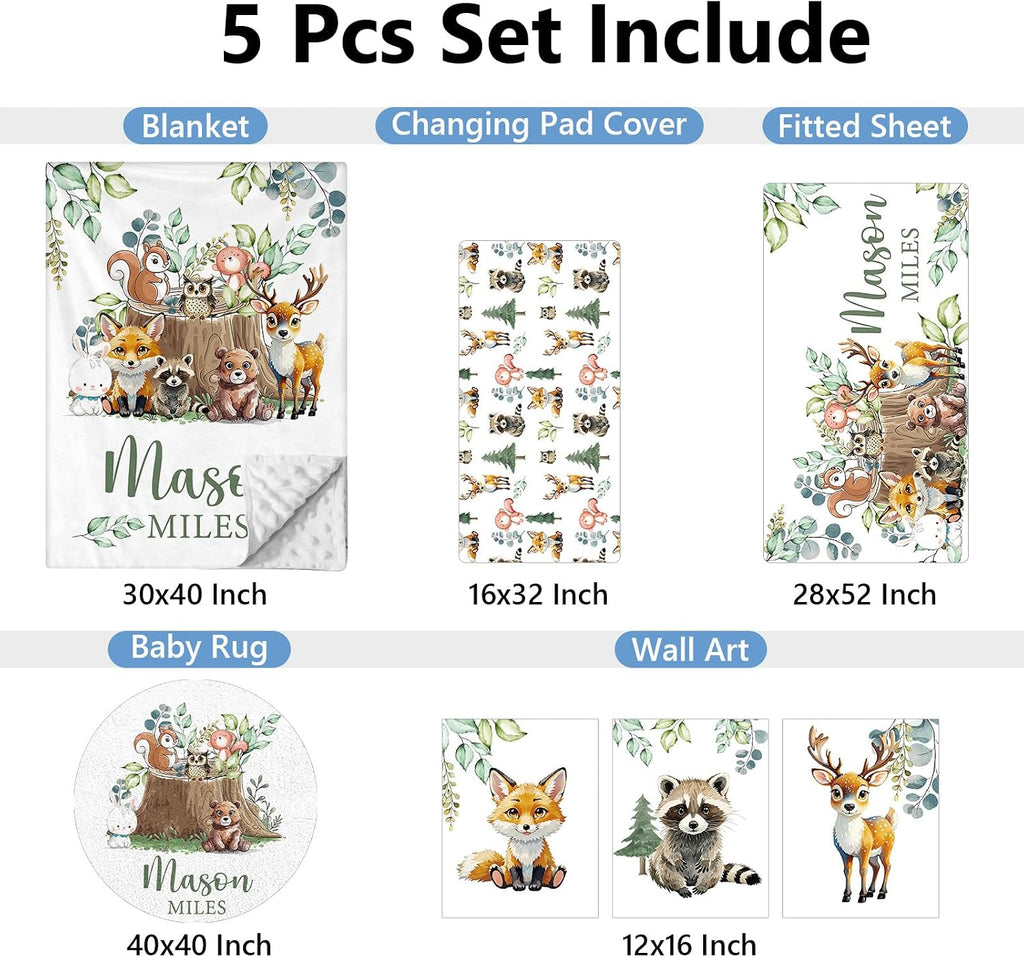 KAINSY Custom Crib Bedding Set 5 Piece for Girls Boys – Personalized Forest Animals Theme, Newborn Sleep Set, Nursery Decor, Toddler Room Essentials, Infant Sleep, Baby Room Accessories, Baby Gift