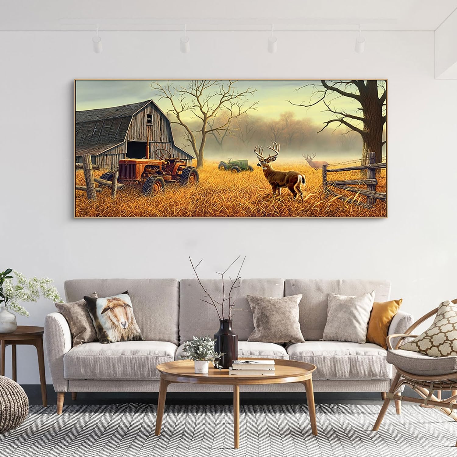 XLSJERST Deer Wall Art for Living Room Canvas Prints Decor Country Tractor Rustic Wildlife Cabin Hunting Picture Glass Surface Artwork for Bedroom Home Office 86x39 Inches