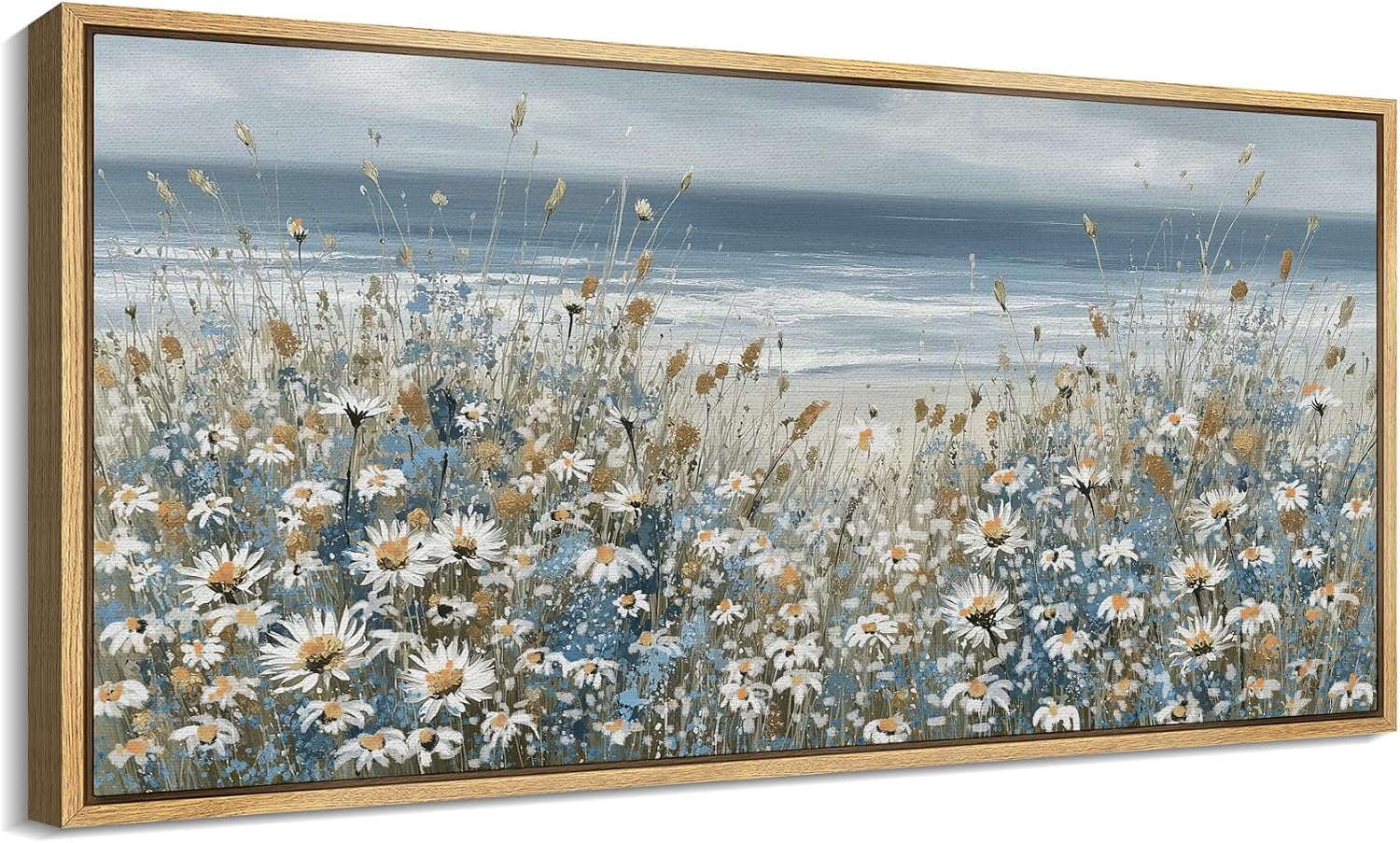 SIGNFORD Extra Large Framed Canvas Print Wall Art Coastal Wildflowers Beach Meadow Landscape llustrations Modern Art Relax/Calm Warm for Living Room, Bedroom, Office - 60'x30'