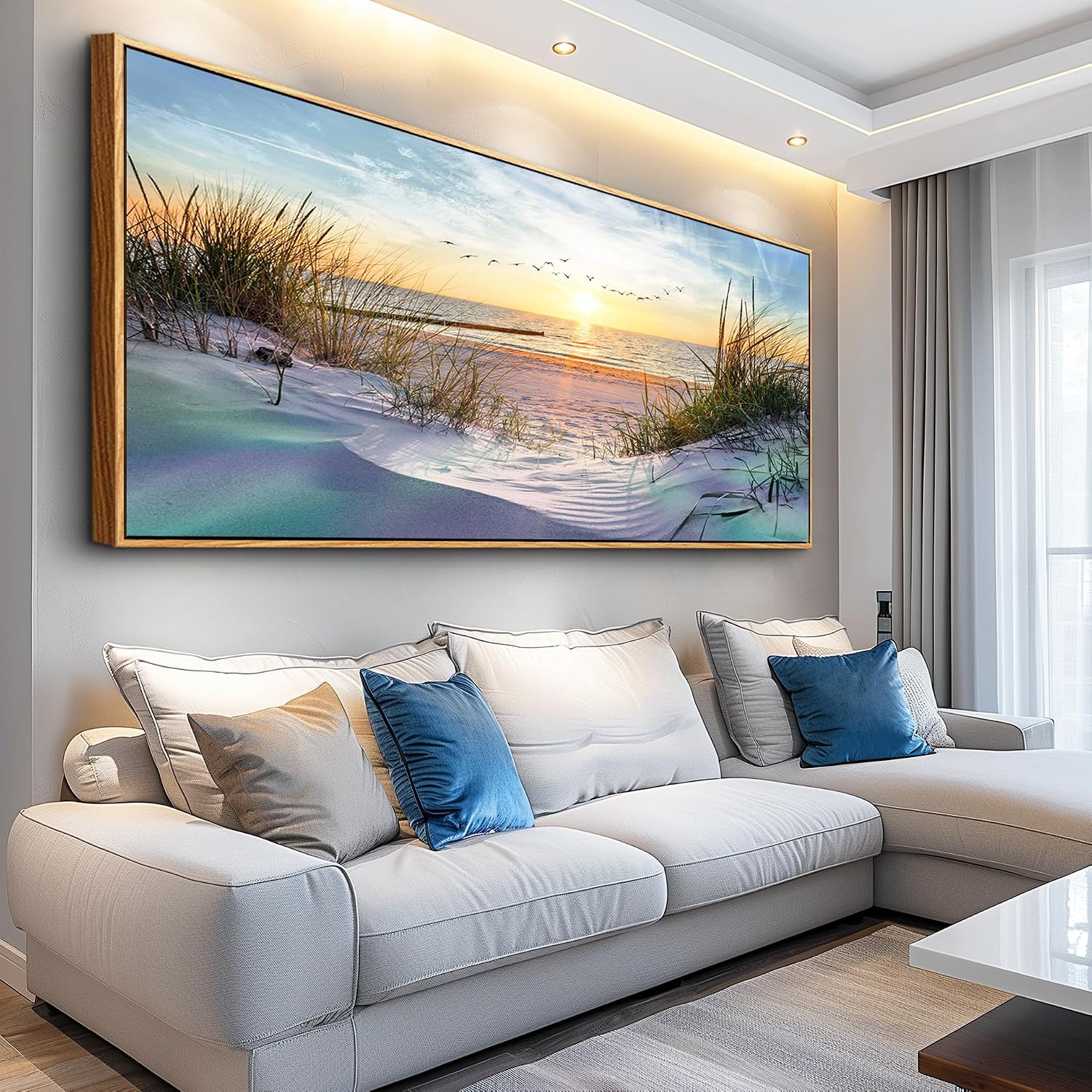 Wapluam Beach Wall Art For Living Room Coastal Canvas Prints Artwork Ocean Seascape Wall Paintings Nature Landscape Wall Decor Pictures for Bedroom Office Hotel Extra Large Framed Home Decor 32x72 In