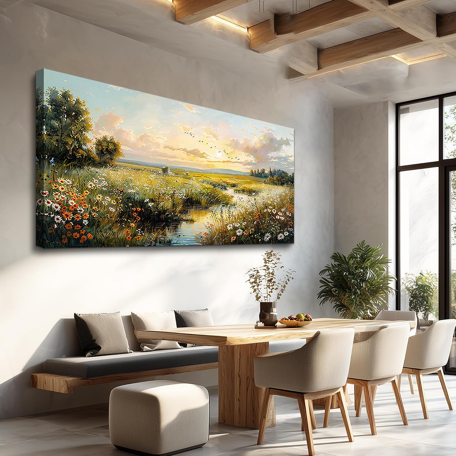 XIGUANGART Rustic Landscape Wall Art Canvas Prints Nature River Meadow flowers Wall Decor Sunset Pastoral Abstract Pictures Modern Artwork for Living Room Bedroom Kitchen Office Large Home Decorations