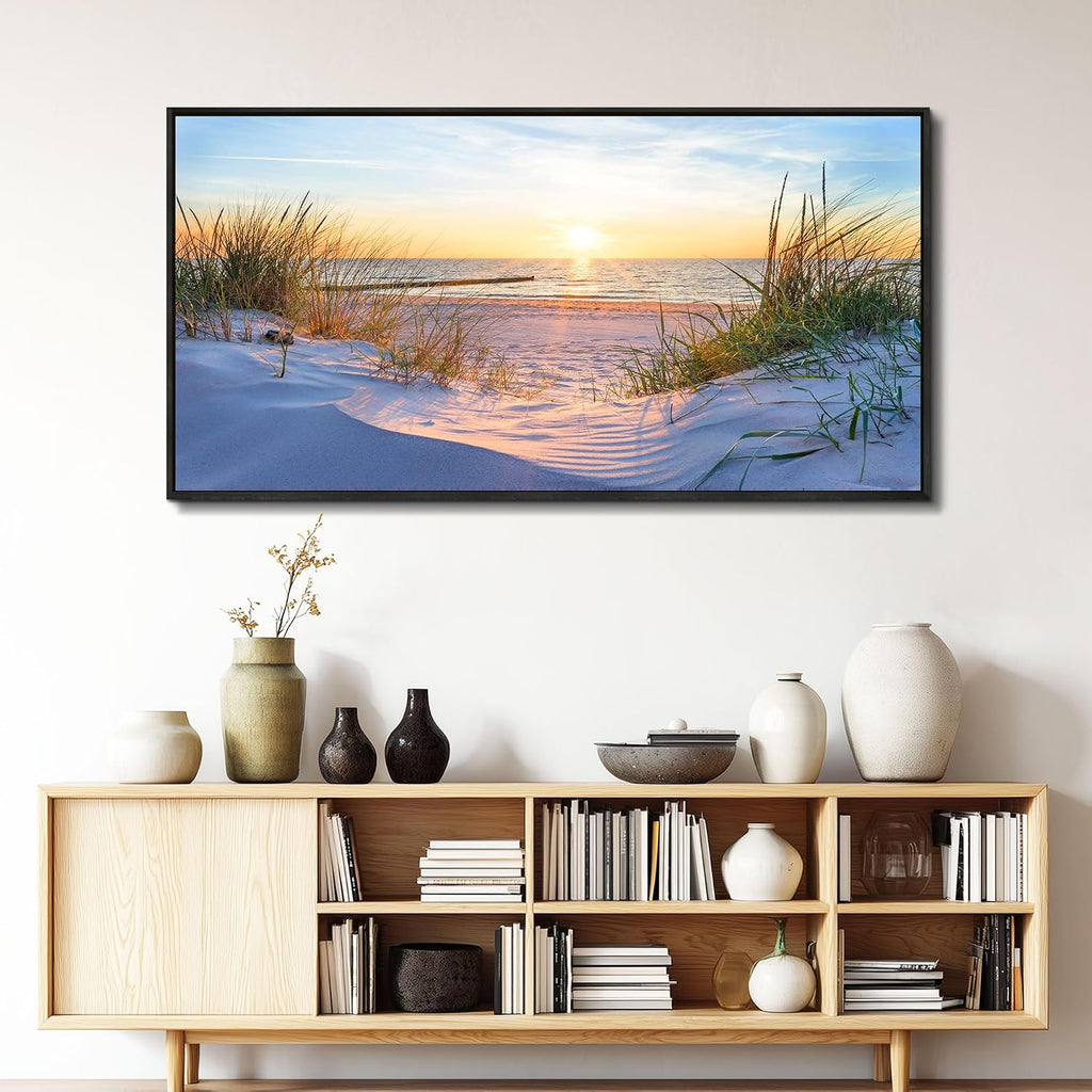 MHARTK66 Canvas Wall Art For Living Room Large Wall Decor For Office Bedroom Poster Art Prints Sun Seascape Wall Painting Blue Ocean Pictures Artwork For Walls Black Wood Framed 24' X 48'