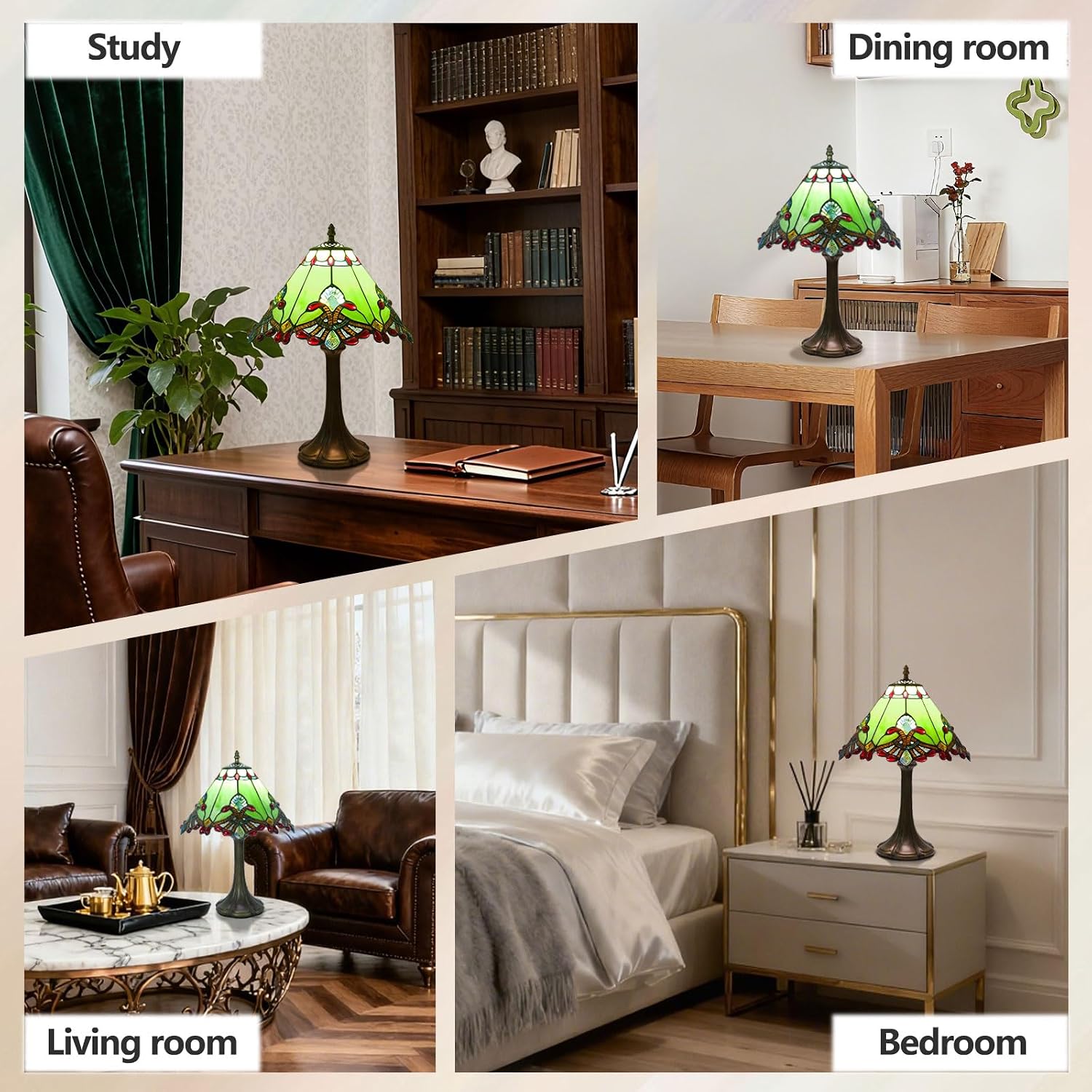 Tiffany Style Table Lamp, Small Stained Glass Lamp for Bedside, Bedroom, Nightstand, Living Room, 12 Inch Mini Vintage Light Included E26 Bulbs with Remote Control (Green Umbrella)
