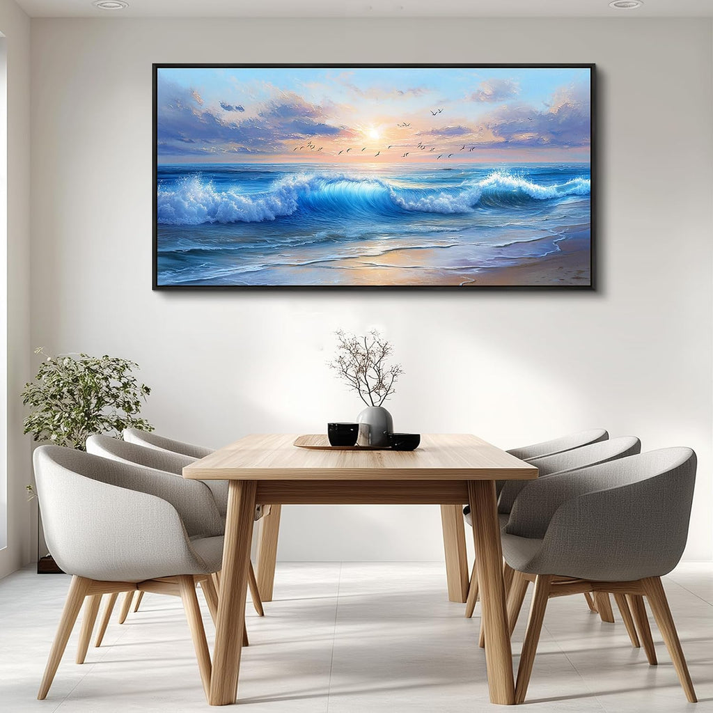XIGUANGART Ocean Canvas Wall Art, Blue Sea Wave and Large Coastal Beach Paintings Sunset Seascape Pictures Framed Artwork Wall Decor for Living Room Bedroom Bathroom Kitchen Hallway Home Office