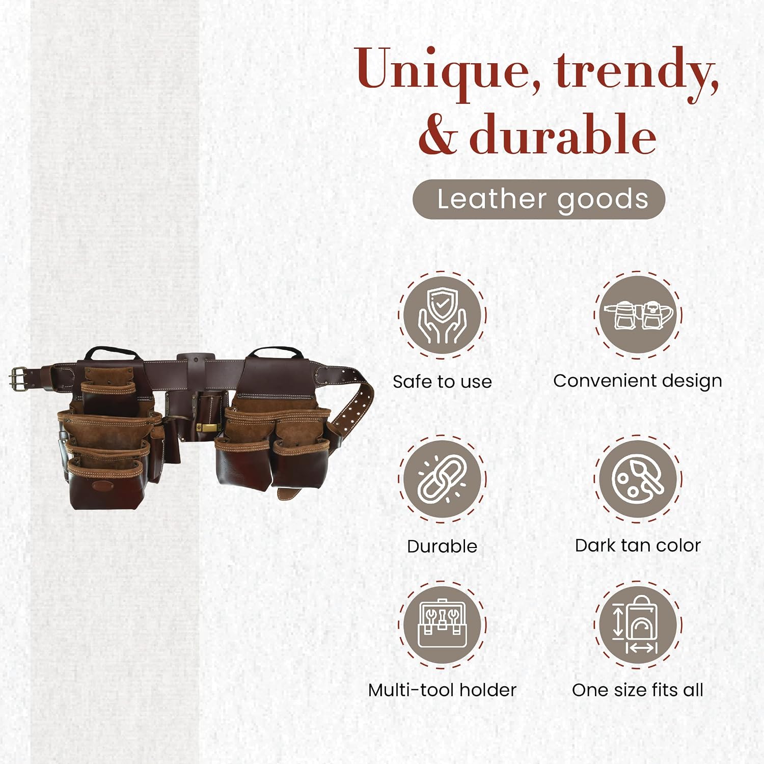 Style n Craft 4-Piece and 22-Pocket Pro Framer's Combo, Tool Belt with 2 Tool Pouches, a 4-Pocket Multi-Tool Holder, and 1 Leather Hammer Loop, Full-Grain Leather Carpenter Tool Belt, Dark Tan (98454)