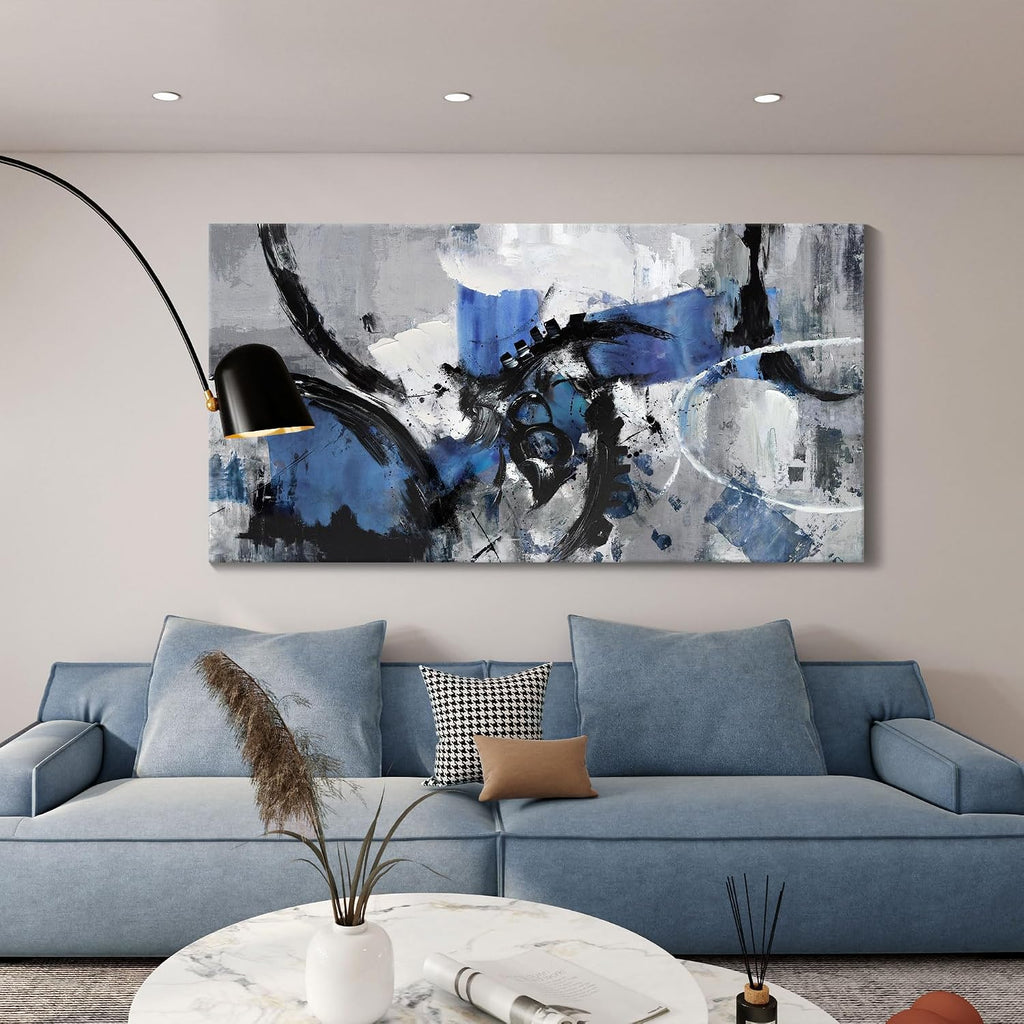 Large Abstract Wall Art - Canvas Wall Art in Blue and Black Tones, Framed Gray Artwork for Living Room, Bedroom, and Office Decorations for Work - Modern Wall Decor and Pictures