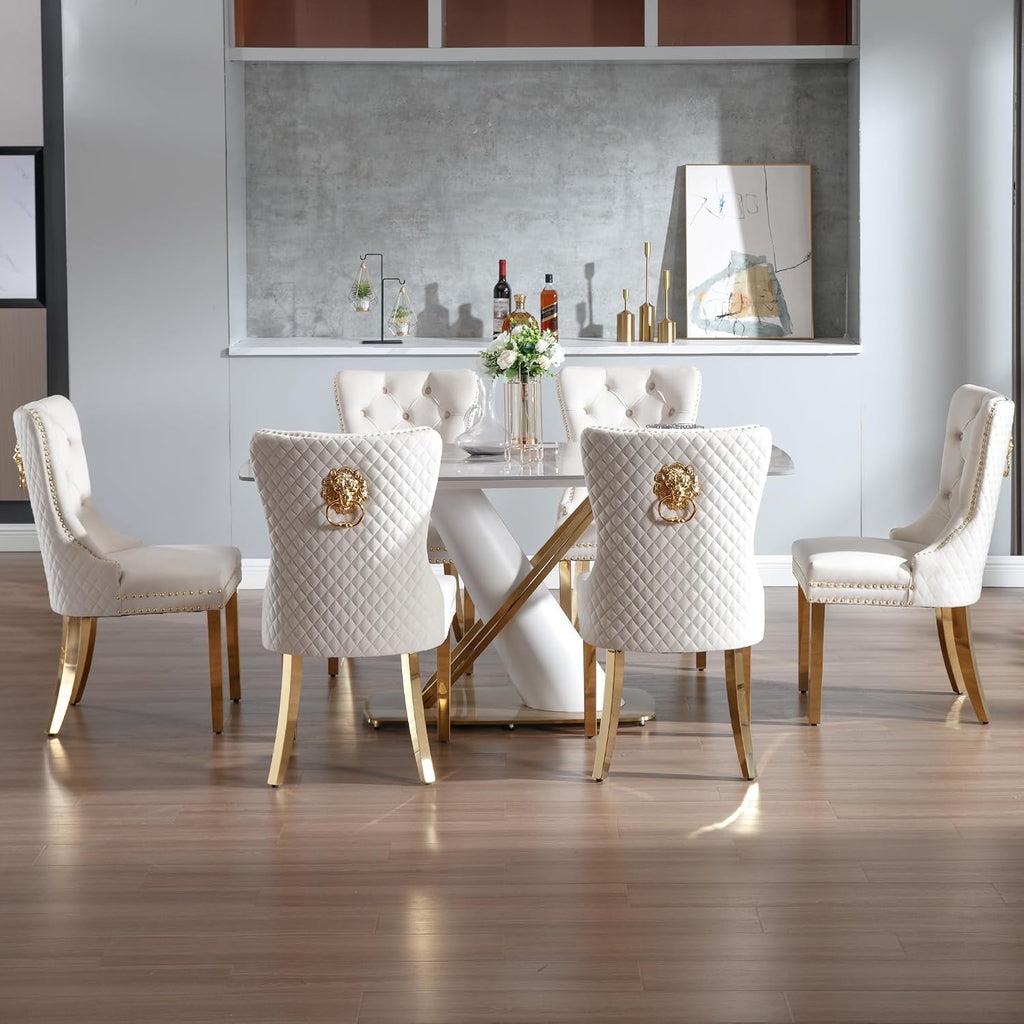Velvet Dining Chairs Set of 6, Upholstered Dining Room Chairs, Mid-Century Modern Chairs with Diamond Lattice Tufted Back, Lion Pull Ring Rivet Trim, Golden Metal Legs for Kitchen, Beige