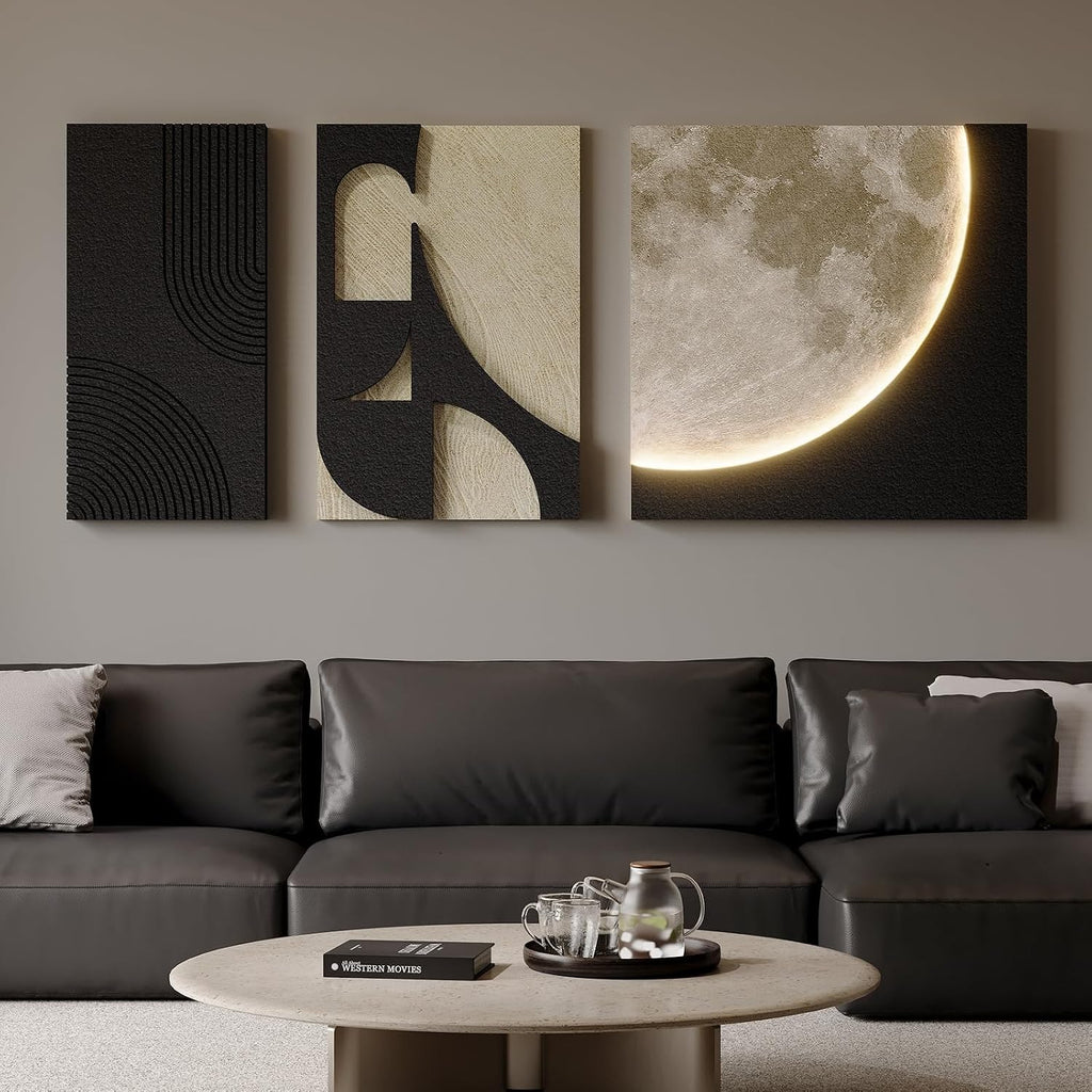 3D LED Abstract Wall Art for Living Room, 3 Piece Neutral Geometric Relief Artwork with Moon Design, Modern Minimalist Black Beige Paintings Wall Decor for Bedroom Dining Room Hallway Entryway Office