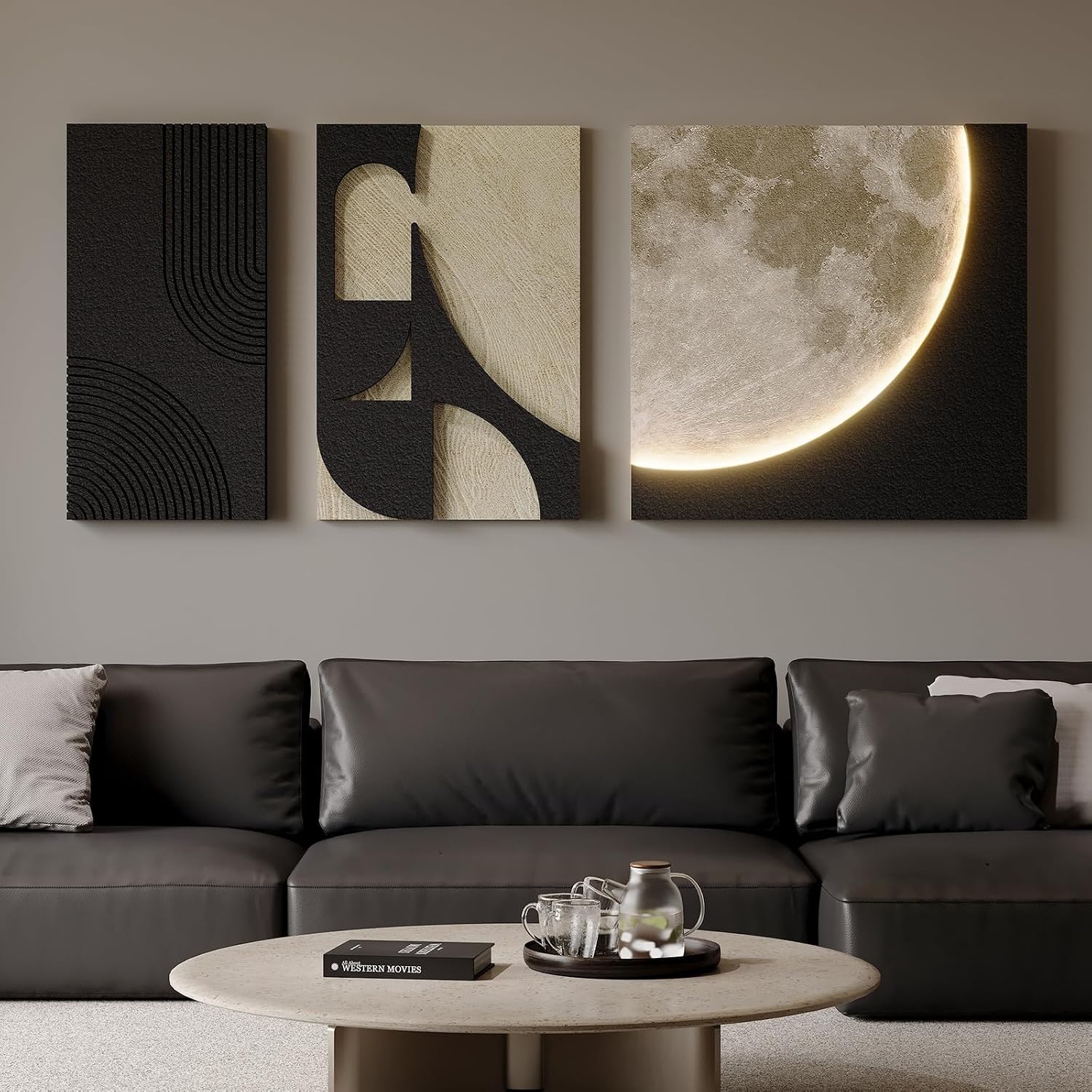 3D LED Abstract Wall Art for Living Room, 3 Piece Neutral Geometric Relief Artwork with Moon Design, Modern Minimalist Black Beige Paintings Wall Decor for Bedroom Dining Room Hallway Entryway Office