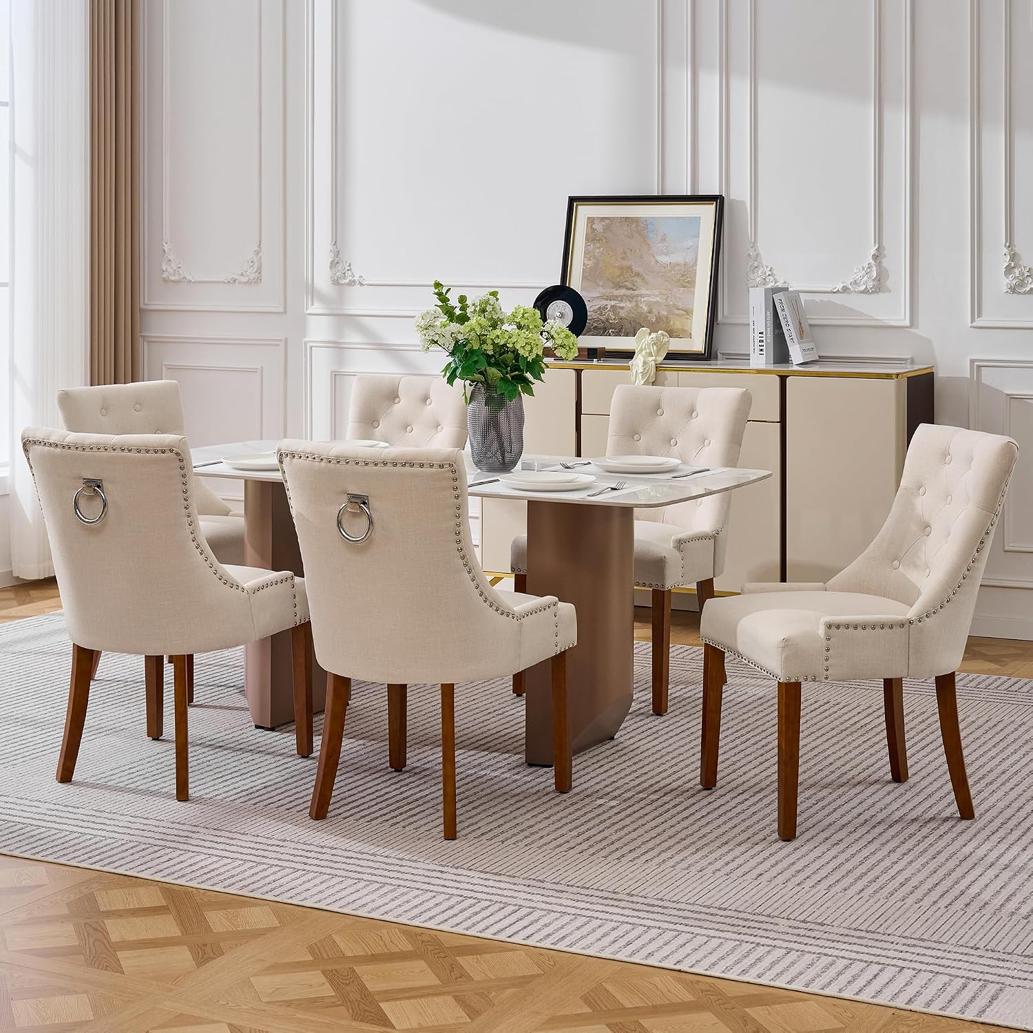 adochr Dining Chairs Set of 4, Upholstered Fabric Dining Room Chairs with Nailhead High Back & Ring Pull & Wooden Legs, Mid-Century Modern Kitchen Chairs for Restaurant, Living Room, Beige